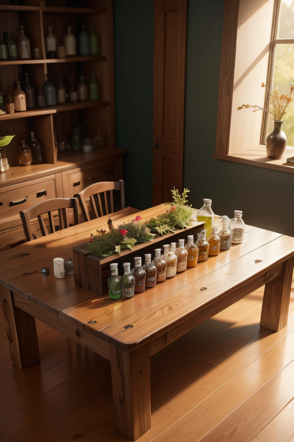 wooden table with several capsules of various colors and some medicine bottles, algumas ervas, Branchesroots and leaves of super realistic herbal medicines