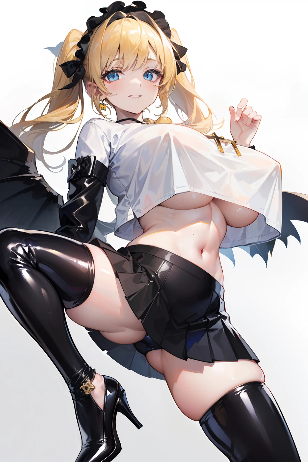 (8K, Best quality, tmasterpiece:1.2),\(eye detailed\),(\(Clothes detail details\)\),Facial emotions(Contemptuous,smile:1.3),Pure white background,full bodyesbian,(huge tit),(Facial focus) ,Very detailed CG unity 8K wallpaper,hugefilesize,ultra - detailed,A high resolution,absurderes,beautidful eyes,Ray traching,dramatic shadow,finely detailled,Dramatic angles,Hyper-detailing,(1 girl:1.3),(Solo),Mature female,Blonde hair,Blue eyes,Twin tail hairstyle,Wearing((Latex skinny white shirt(Crop tops),black ruffle skirt,(//Black bow headband//),golden necklace,High heels),The looming navel,Action(Cross legs,stepping on wiewing camera)