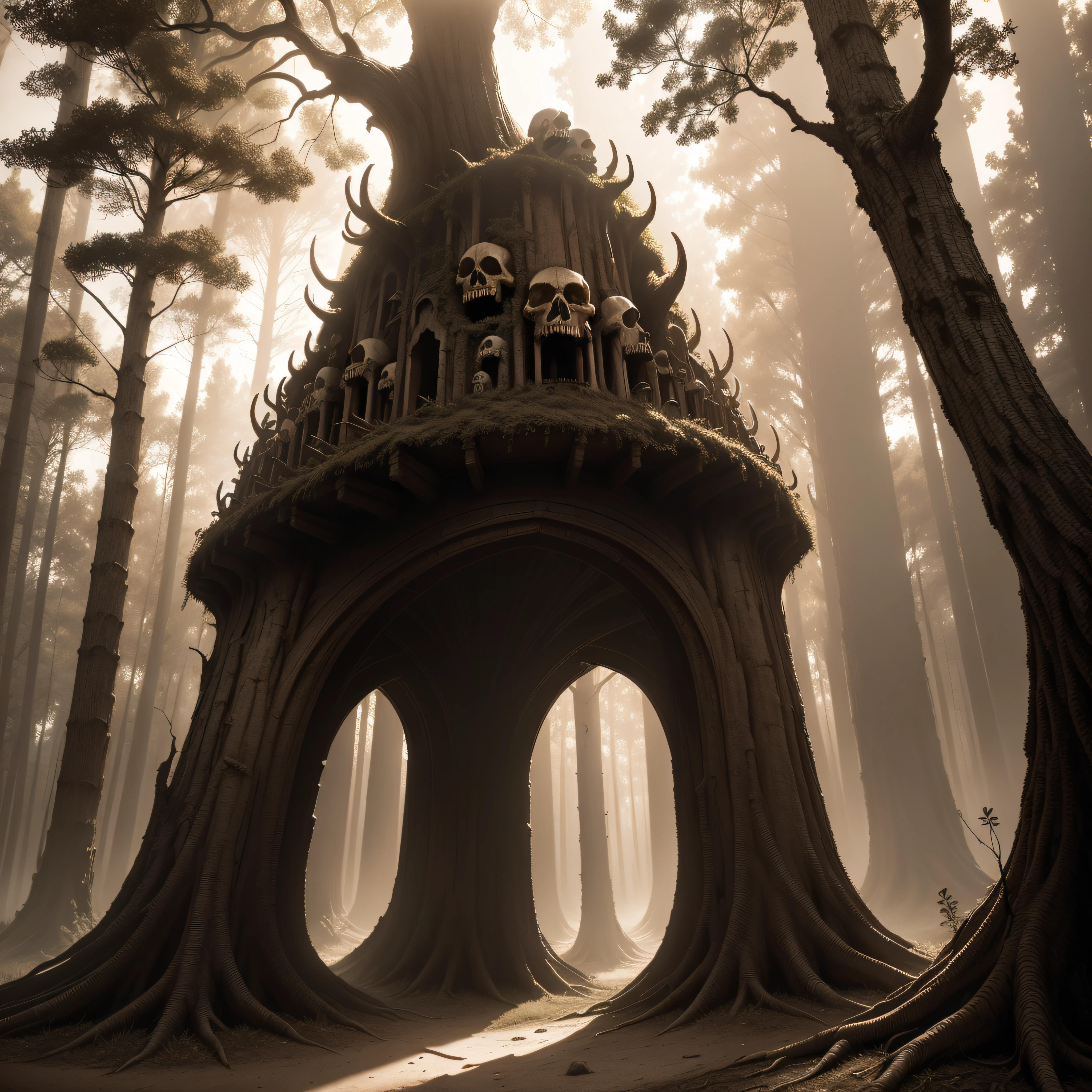 (extremadamente detallado, obra maestra, La mejor calidad, Tono sepia) bosque enorme, Skulls come out of tree trunks, ruinas. Daytime Lighting.