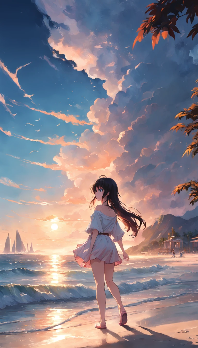 best qualtiy,tmasterpiece,超高分辨率,Realism 1.4,RAW photogr,warm lights,The sea and the beach,1girll,Walking on the beach,white offshoulder shirt,Short pink skirt,sandals,the setting sun,cabelos preto e longos,Slim,Dignified,shyexpression,Beautiful age girl,Beautiful goddess,Detailed scenes,Beautiful digital illustration,the detail,Hyper-detailed,Cinematic quality,From below
