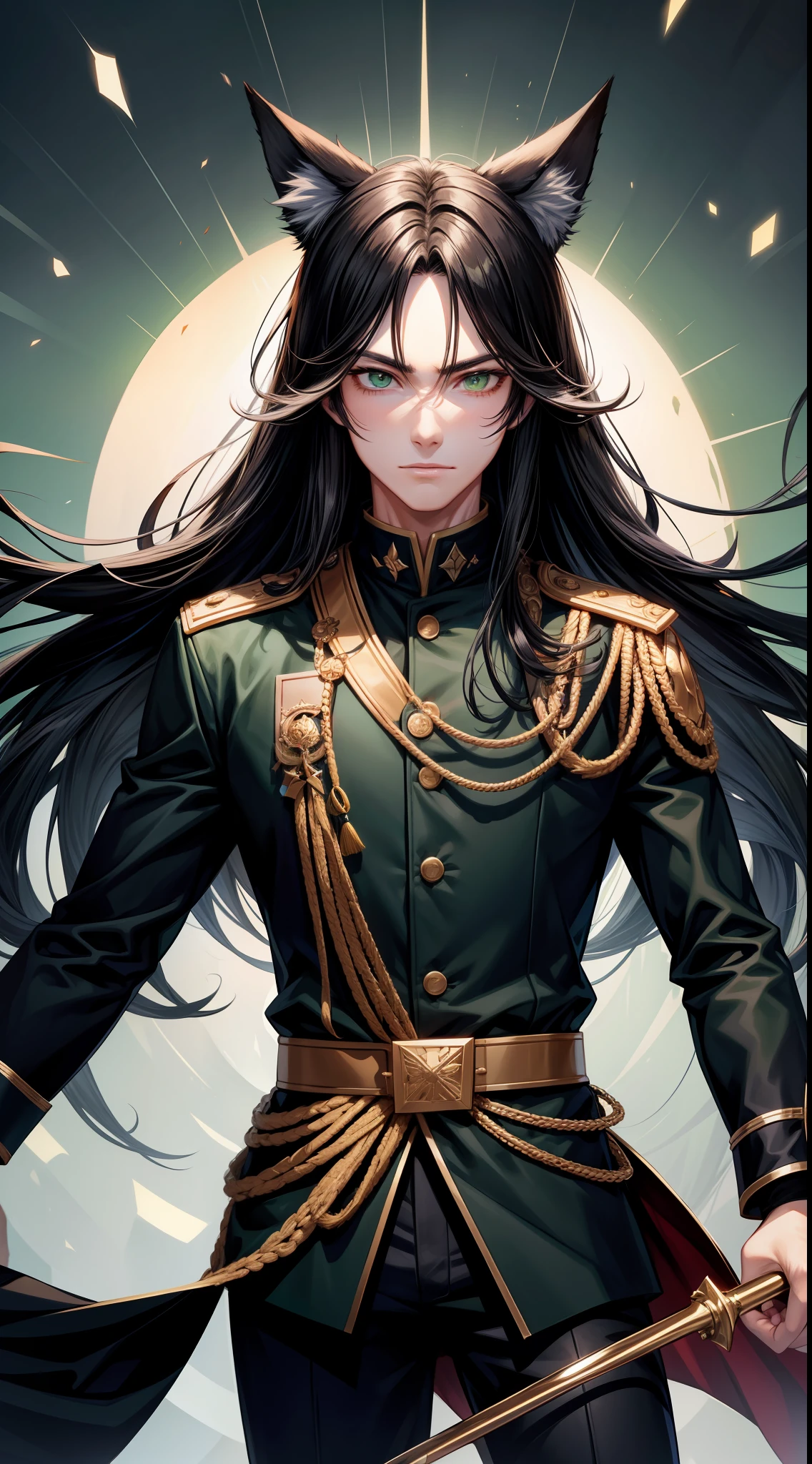 adult male, Long black hair, Fox ears, Green eyes, black general uniform, Masterpiece, hiquality