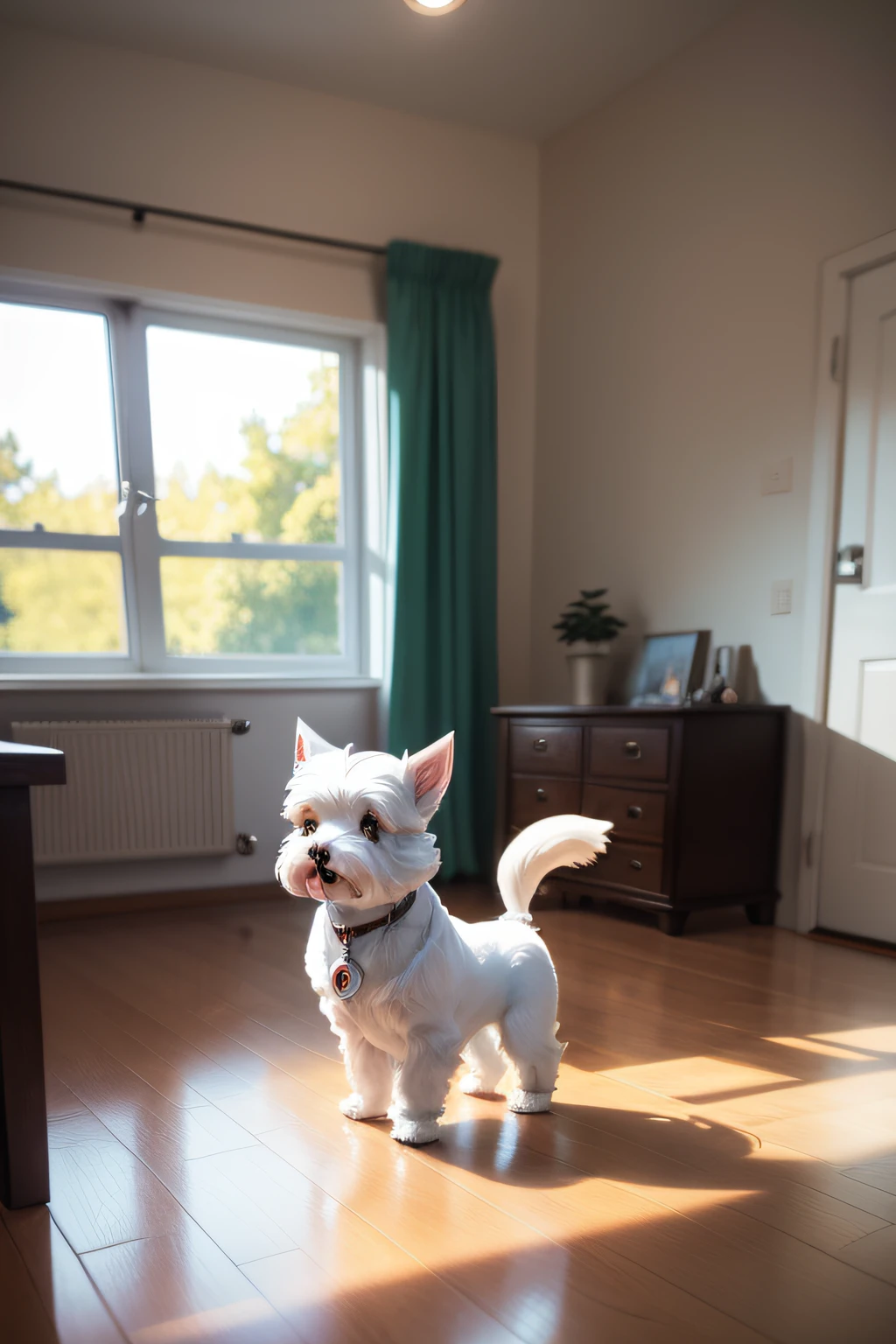 A pokémon,A small white miniature schnauzer stands on a wooden platform in the room, Adorable Digital Painting,Art styles,A pokémon,yuki,Ice attribute