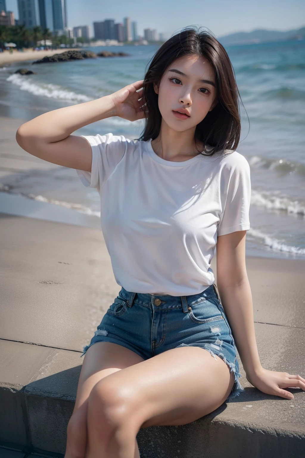 20 years old woman, Chinese-English mixed-race,Big Beautiful, (Asian beauty) Thick lips, full pouty lips, Detailed lips, Detailed eyes, She wears a loose shirt，Harnes，Ultra shorts，hot pant，slippers，)) Stand by the beach, china town, 8K of bend, analogue style (view the viewer:1.2) (Skin texture) (filmgrain:1.3) Curvy figure, Detailed eyes, full pouty lips, highly detailed image, Highly detailed hands, Highly detailed toes，8K, Digital SLR, (Realistic: 1.3), (Skin with real texture quality: 1.4) (curves) Photorealistic, Realism, Realistic,  (photorealistic skin tone) pores, skin spots, Detailed skin  (the setting sun) a variety of poses, Pose at random, Perfect ???????, ((slob))Raise both hands，unwind，liberta，Lazy，Standing or sitting lying down