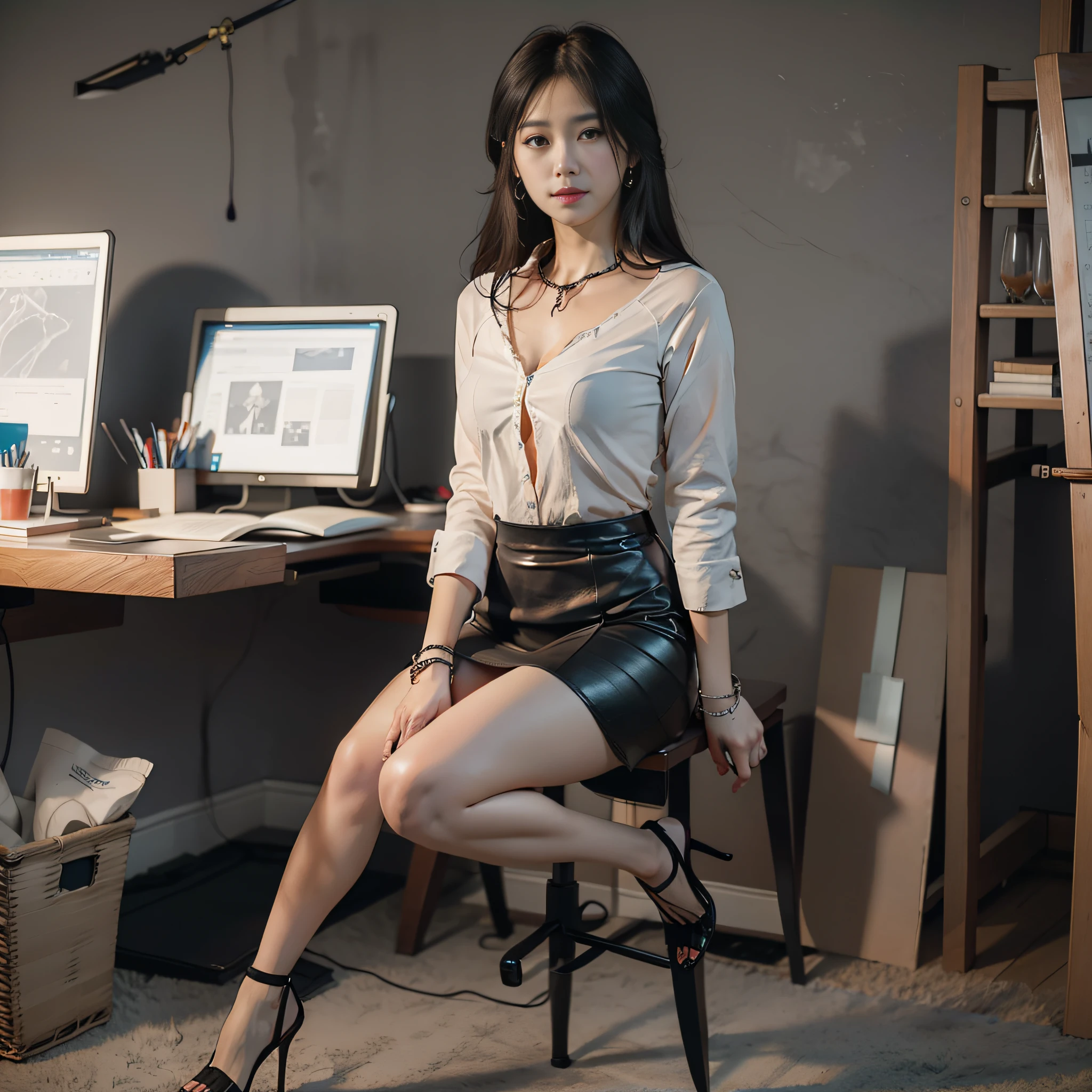 tmasterpiece，A high resolution，8K，CG animation，Correct human anatomy，correct hand，Correct foot，Wear professional attire，Leather skirt，high-heels，Neck ring，foot ring，Bracelet，Sit in the studio，In the introduction of goods