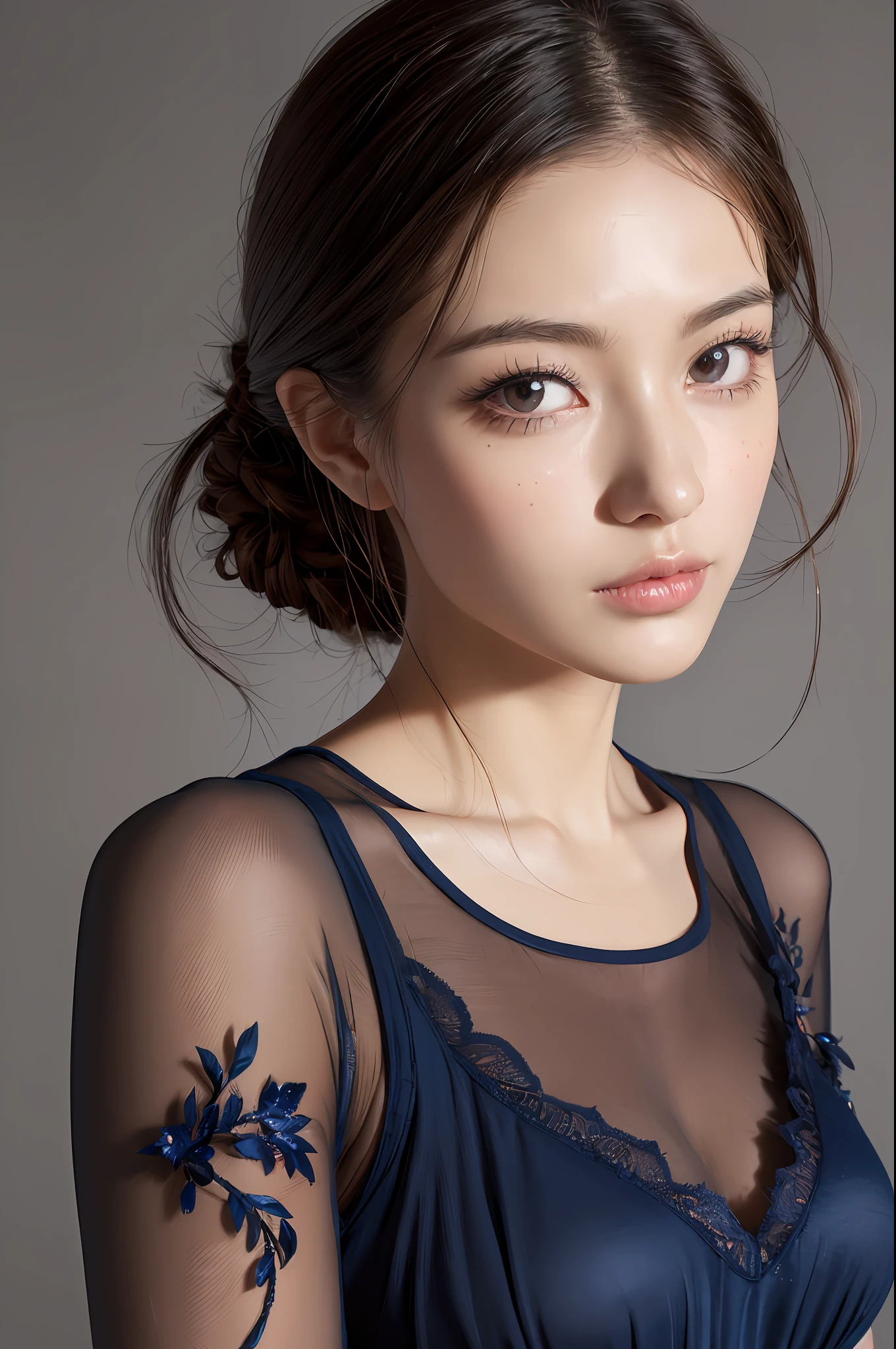 ((top-quality、8K、masterpiece:1.3))、1 girl in、extremely delicate and beautiful girl、clear and beautiful、Three-dimensional and beautiful detailed shine、eye lashes、wind blown hair、realistic and detailed face、Light smile、Super delicate face、Delicat eyes、pale-skinned、bewitching、sensually、bontage、Japan person model、A sexy:8、(Vintage Navy Blue Lace Dress:1.1), (Femme fatale:1.3)、Gorgeous gravure models、 (long eyeslashes+smoky eyeliner+Eye Glitter+red eye shadow+Glossy lip+Erotic sexy makeup:1.1), Visible above the knee、Sensual gravure idol、bewitching、ecchi、Cute gravure idol、Vibrant colors!、huge filesize, ultra-detailliert, hight resolution, ighly detailed, top-quality, masterpiece, ighly detailed, CG, Unity, 8k wallpaper, astonishing, finely detail, masterpiece, top-quality, Highly detailed CG8k wallpapers, face lights, Cinematographic lighting、1girl in、(camel's toe)、(half)、(Wearing pantyhose)、(Pantyhose and legs))、((Knee bending and leg retention))、(depth of fields:1.1)、(Top Quality Beauty Face:1.3)、(Top quality beautiful bright eyes:1.3)、(Top Quality Ultra Real Textured Human Skin:1.3)、(hitornfreckles、red tide、wounds、Fine wrinkles、pores、vein、complexion:1.12)、(Lively skin、Rough skin)、(Super supreme quality beauty:1.1) (complete eyes、complete face:1.1)、(Realistic lighting、电影灯光:1.1)、 (Simple background:1.25)、hight resolution、The ultra-detailliert、High Definition CG Unity 8k Wallpapers、Exposed thighs、