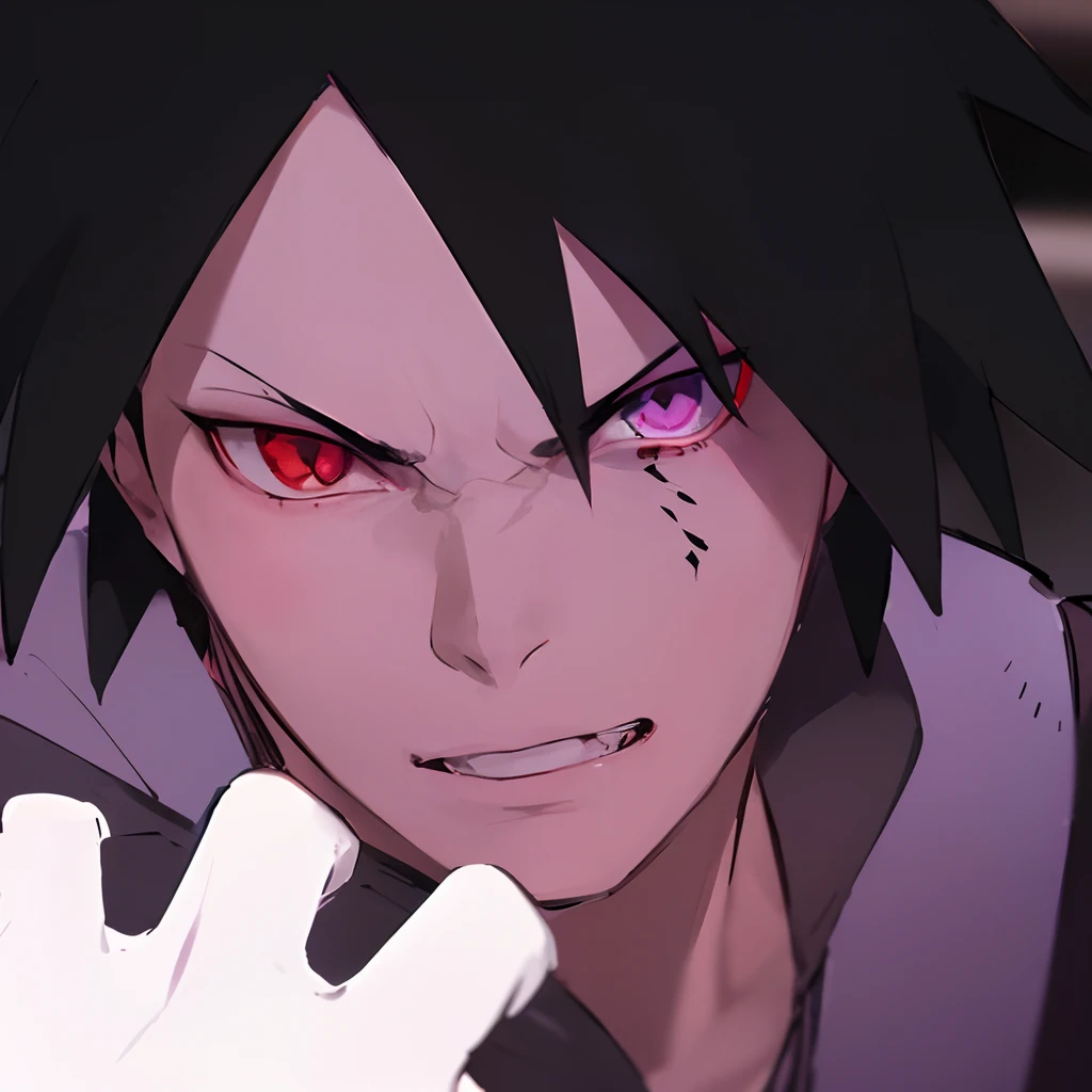 a close up of a person with a purple eye and black hair, sasuke uchiha, he's very menacing and evil, sharp sharingan in right eye and rinnegan in left eyes, his eyes are bleeding intense, large red eyes!!!, He is very cool, this scene he fight momoshiki, very realistic skin like real engine
