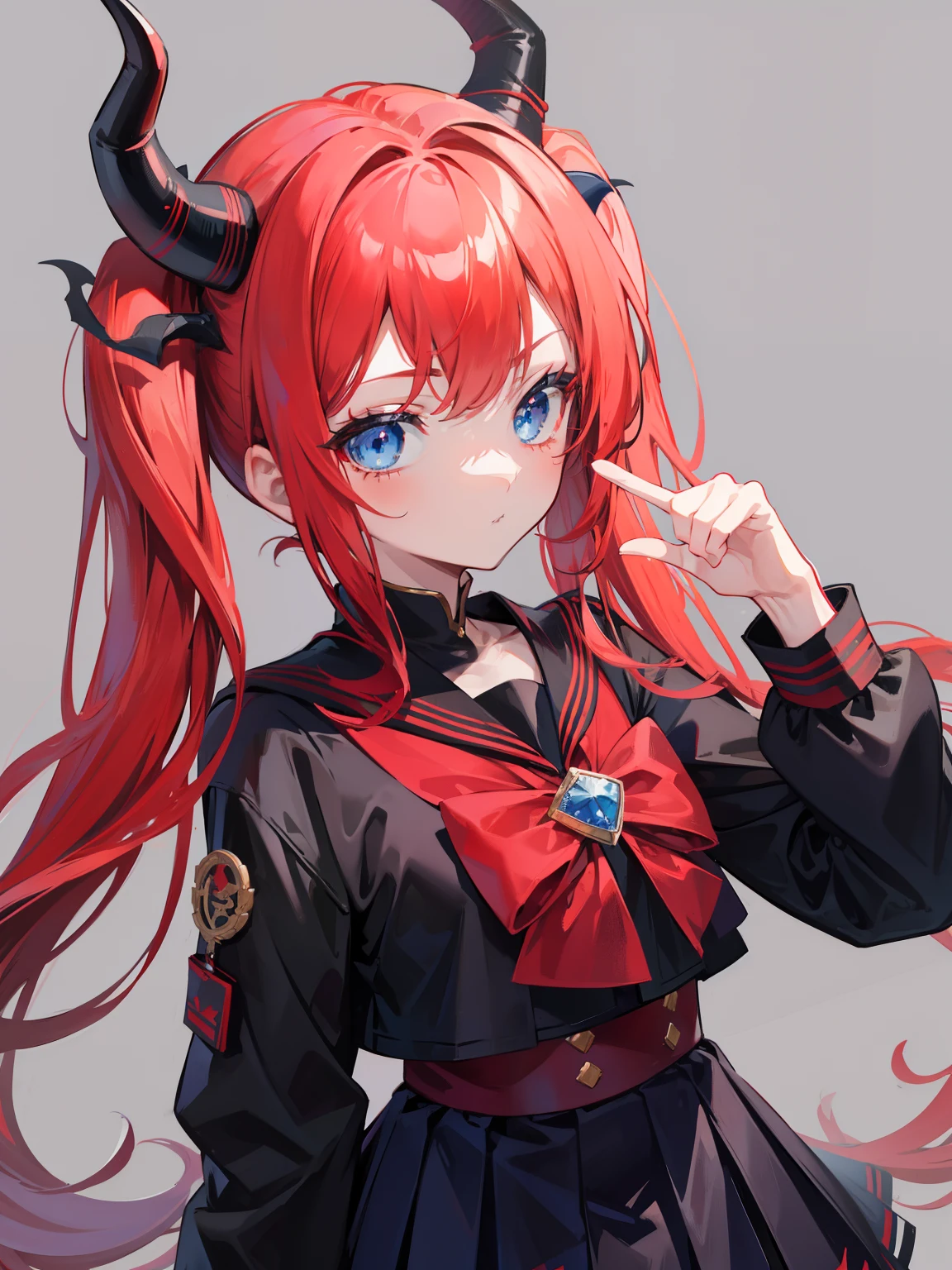 red hair, blue eyes, twintails, Sailor suit,black coat, Dragon horns,Pleated skirt,solo,,cute,bow