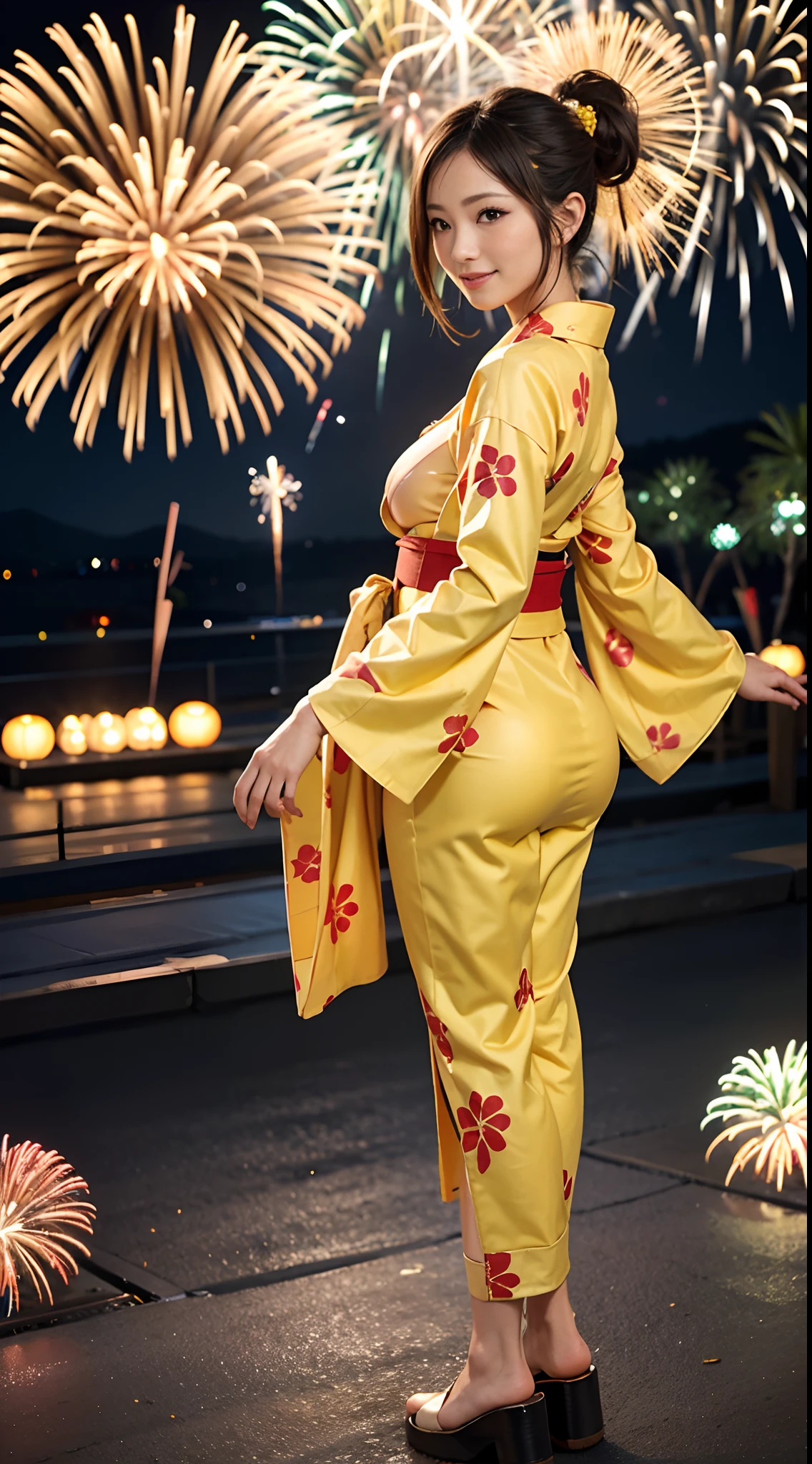 in 8K、超A high resolution、Best Quality、masutepiece (Large breasts、gargantuan butt、Toned body:1.4)(Long yellow kimono with fireworks pattern:1.4)(Summer Festivals:1.3) (Short black-haired chignon:1.2)Big eyes smiling happily、Distinct double eyelids、Lashes、Highlights in the eyes、Light brown eyes、Pinclip Gloss、piercings(Red band、Red garland clogs:1.1)(stick out buttocks:1.2)