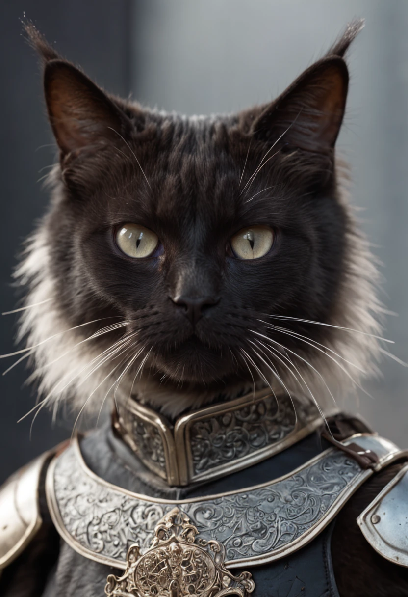 Hero Cat Character Handsome in Medieval Type Fantastic Armor with a Beautiful Black Katana
