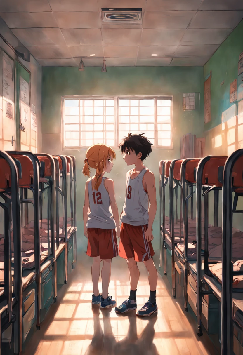2children from 13 years old , Parlero, dentro, (obra maestra, La mejor calidad, absurdos ), escuela,Classroom two shirtless kids are in school have sweatpants looking into each other's eyes sadly are in the sports room