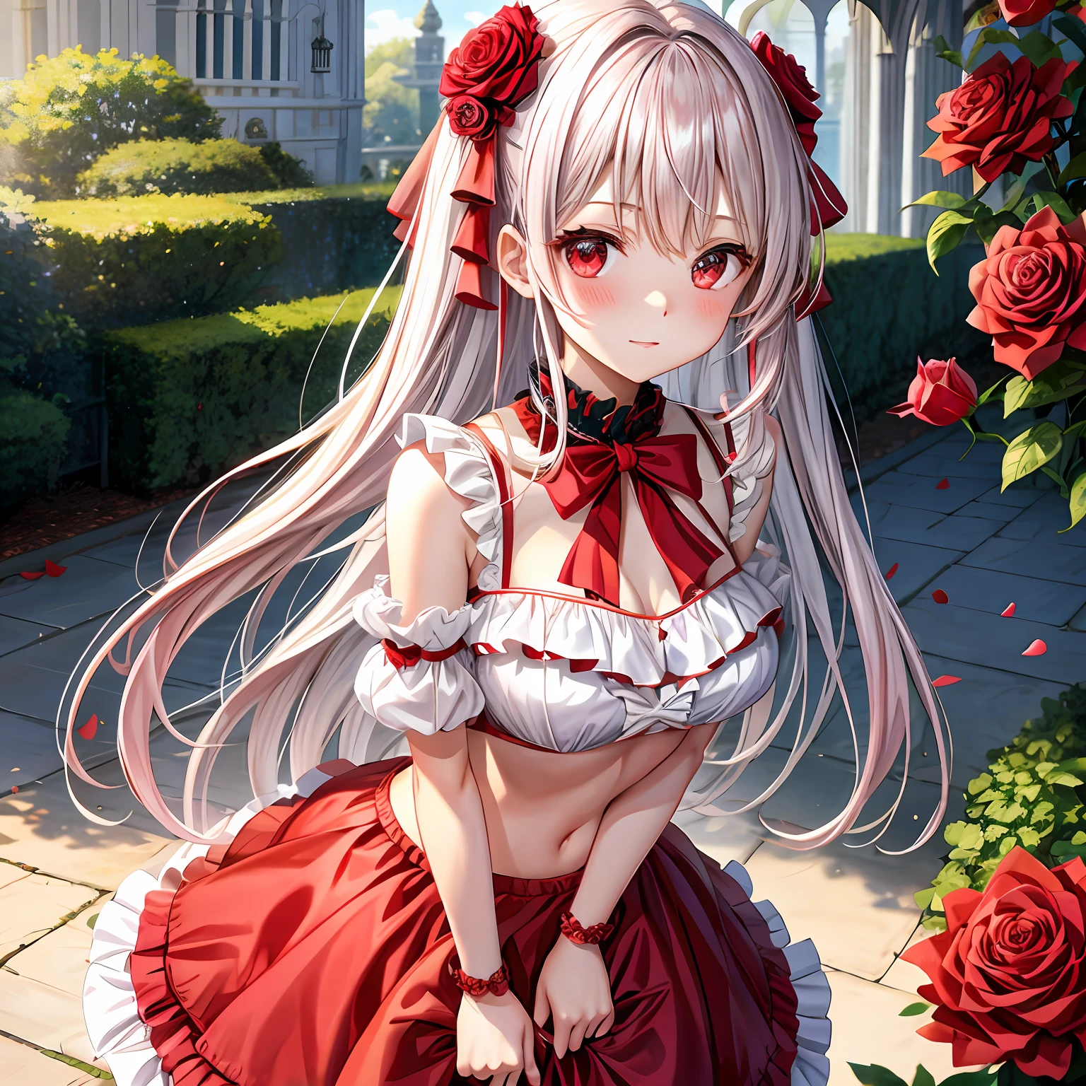 red blush、silber hair、red eyes、Beautiful girl alone、animesque、独奏、Bikini with ruffles、gravure、rose garden、