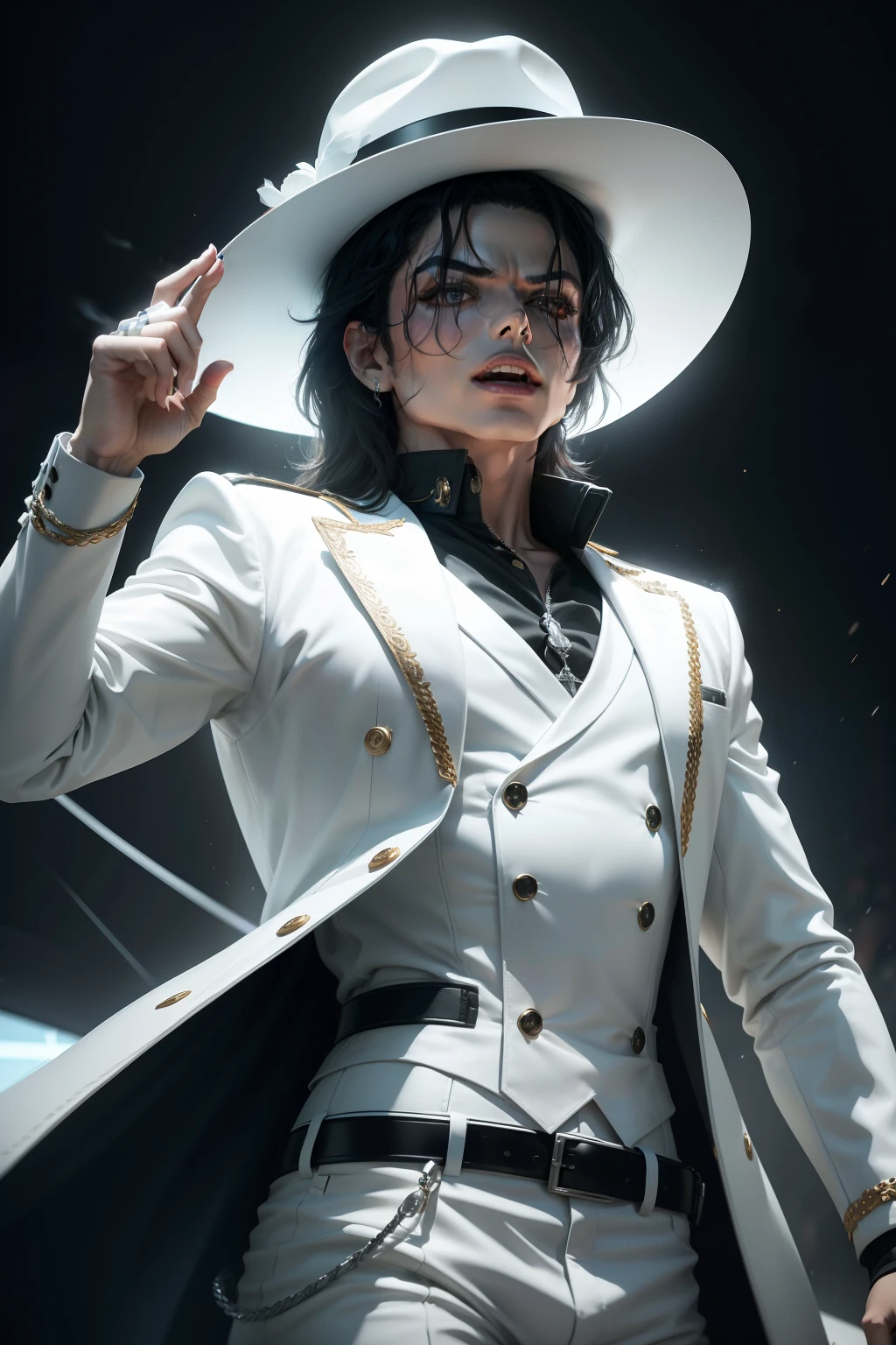 em 8k, alta resolução, Michael Jackson, robotizado, cantando, with white hat, terno branco, ultra qualidade