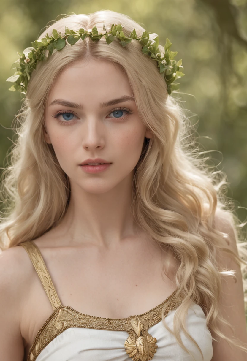 Young virgin greek goddess of wild nature and hunting, with (((Blonde hair))) And (((Blue eyes))), Amazingly beautiful, is fair-skinned, slender and tall, wears {sleeveless, (Very short: 1.7), (white:1.5), Greek chitons, With golden border}, Abs, "Looks strict and determined", Mythical Arcadian mountains and forests, Greek mythology, Hyper-Realism, Photorealistic, Super Detail, 8K, masterpiece