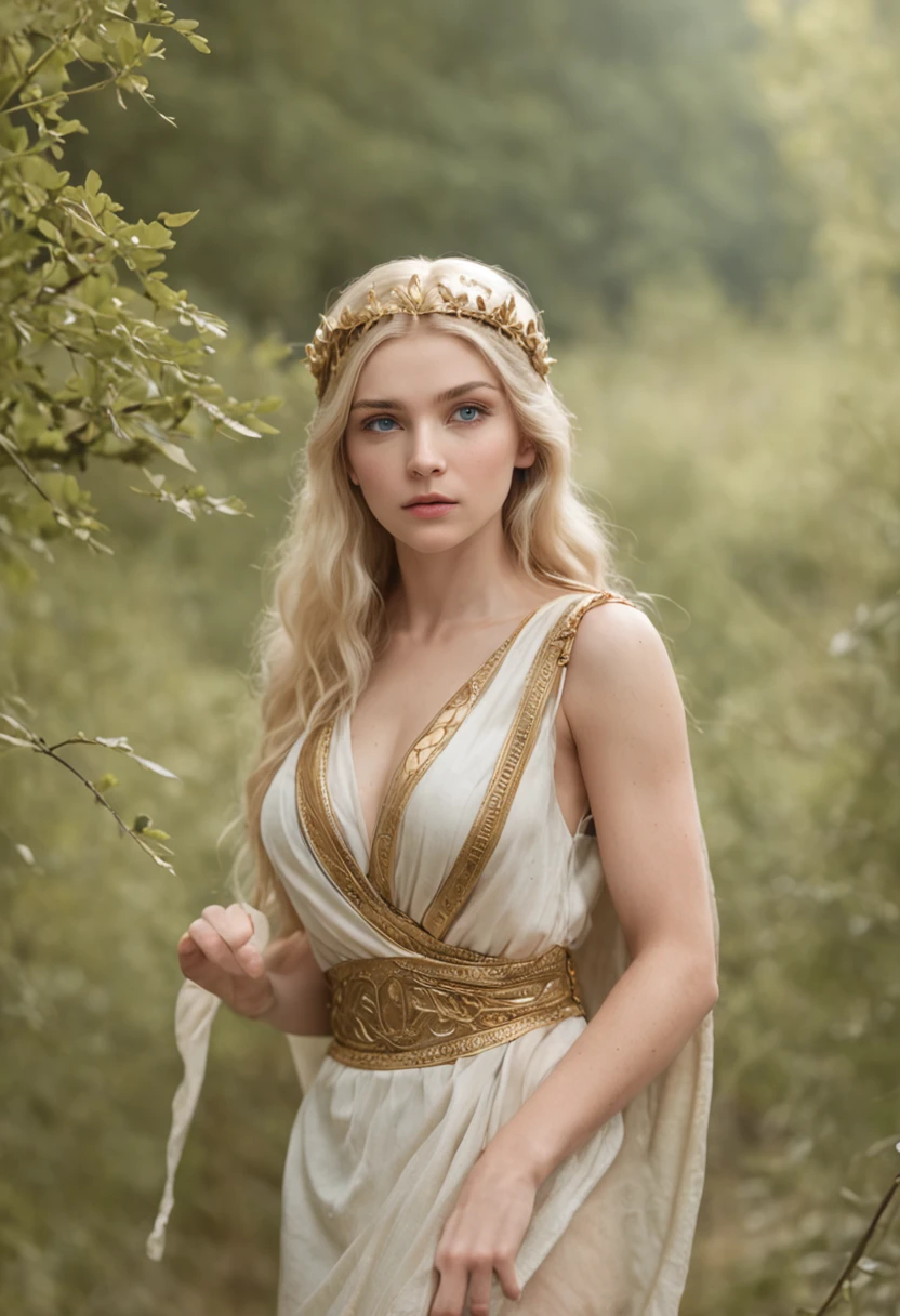 Young virgin greek goddess of wild nature and hunting, with (((Blonde hair))) And (((Blue eyes))), Amazingly beautiful, is fair-skinned, slender and tall, wears {sleeveless, (Very short: 1.7), (white:1.5), Greek chitons, With golden border}, Abs, "Looks strict and determined", Mythical Arcadian mountains and forests, Greek mythology, Hyper-Realism, Photorealistic, Super Detail, 8K, masterpiece