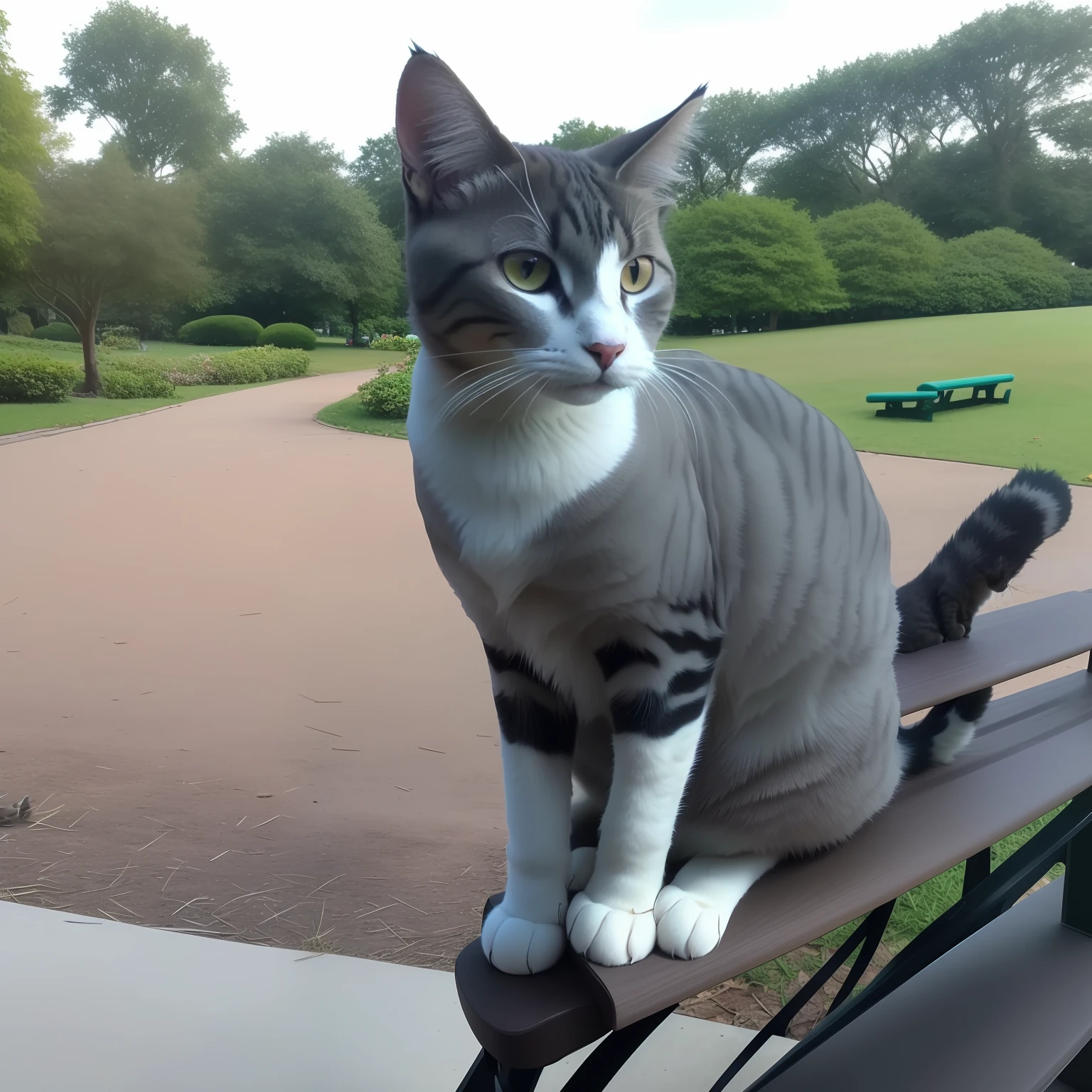 there is a cat sitting on a bench in the park, awesome cat, a handsome, proud looking away, very handsome, tabaxi male, cat female with a whit and chest, cat photo, in a menacing pose, proud looking, photo of a cat, with a cool pose, sitting down casually, proud look, beautiful picture of stray, armored cat