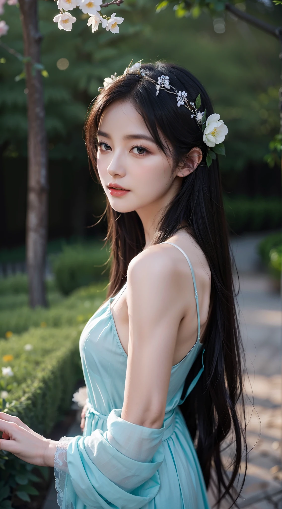 At the spring party, A beautiful vampire walks through the garden on a clear night. She wears a garland in her hair。, Your eyes are cold,Lack of pigment in the skin., She wears long models, Sober dress with heart neckline.