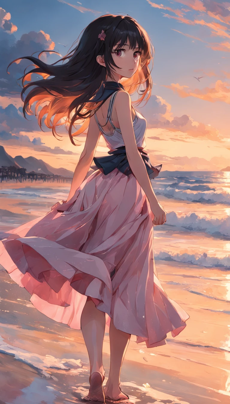 best qualtiy，tmasterpiece，超高分辨率，（真实感：1.4），RAW photogr，warm lights，The sea and the beach，1girll，Walking on the beach with bare upper body，Short pink skirt，sandals，the setting sun，cabelos preto e longos，（Slim，Dignified，shyexpression），Beautiful teenage girl，Beautiful goddess，Detailed scenes, Beautiful digital illustration, the detail，Hyper-detailed, Cinematic quality，((From below))