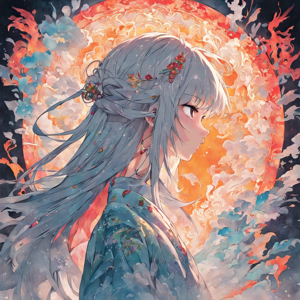 (White background:1.4),(Silhouette of a girl's head, Eyes closed, colorfull long hair, Oriental elements),(Chinese illustration:1.3,paper art:1.3, Quilted paper art:1.2),( reasonable design, Clear lines, High sharpness,Best quality, Very detailed, Masterpiece, movie light effect, 4K )
