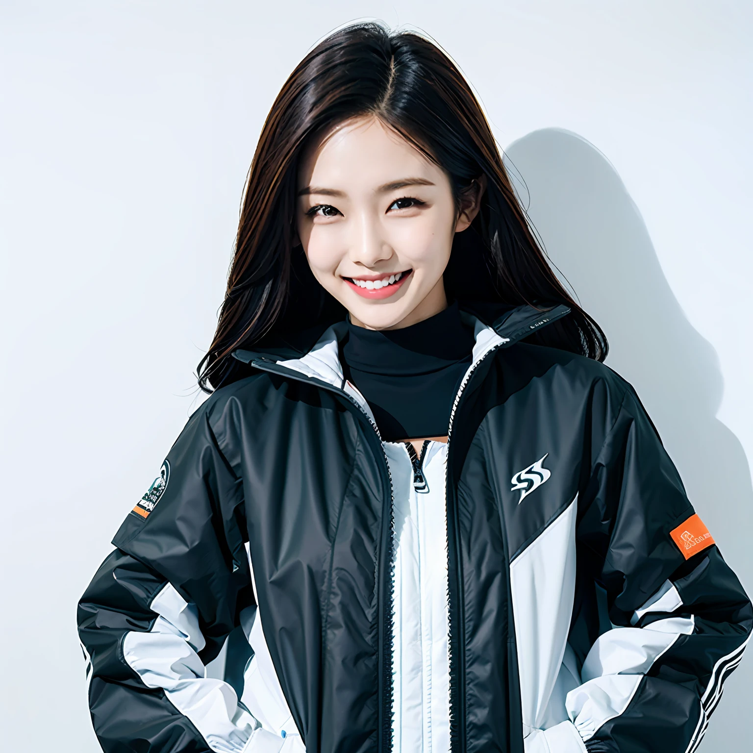 A female model is smiling,Stand on a white background wall,Wear a black stylish storm jacket,It exudes a dynamic and sporty atmosphere。The design of the storm jacket is simple and elegant,Made of high-quality fabrics,It gives a comfortable feeling