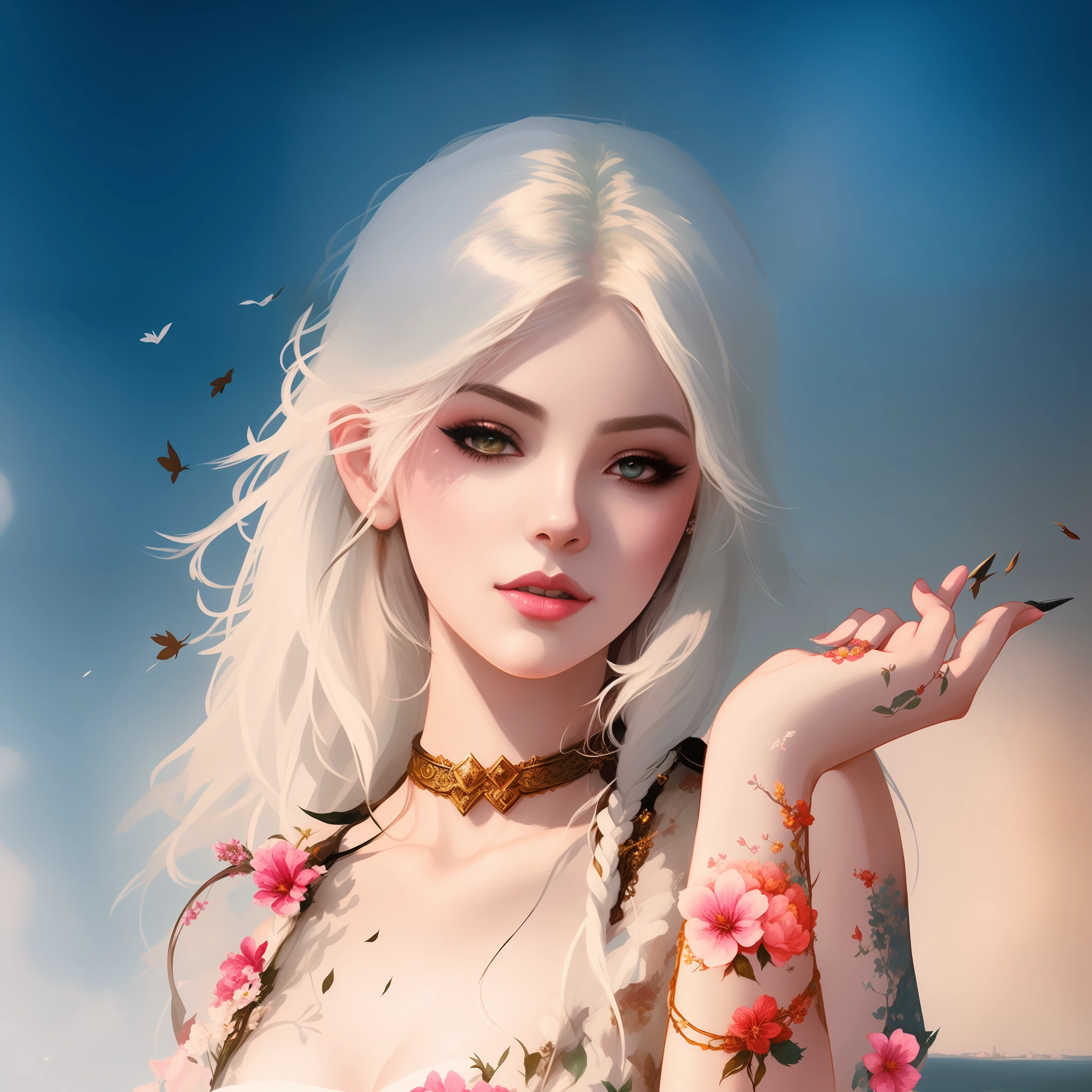 Blonde girl with white hair and tattoos with flowers, 🌺 cgsociety, Fantasy Art Style, artwork in the style of guweiz, digital fantasy art ), 8k high quality detailed art, [ 4 k digital art ]!!, 4K highly detailed digital art, Exquisite digital illustration, epic fantasy art style hd, in the art style of bowater, beautiful digital works of art