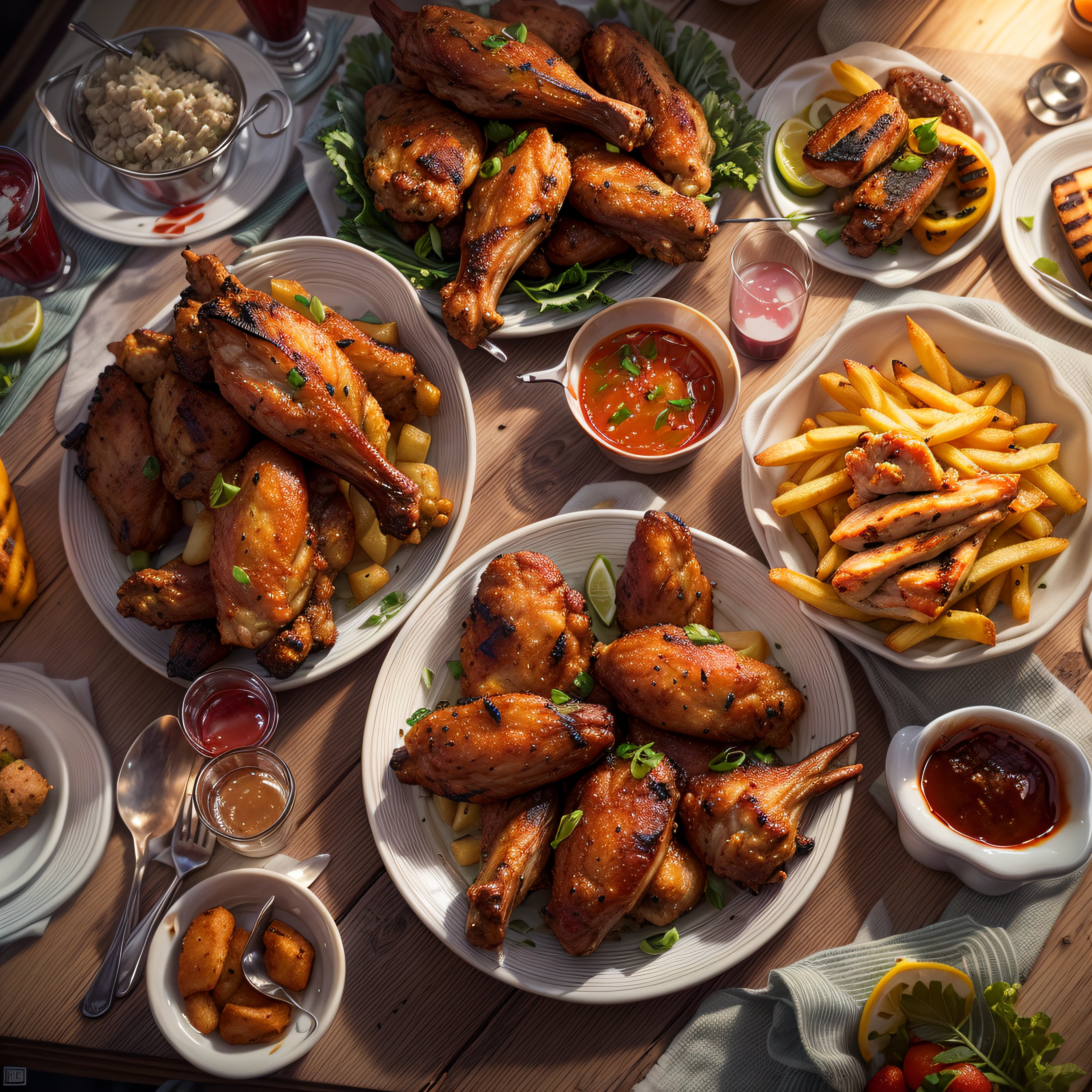 (Full Focus:1.5), (Placed on the dining table, Orleans grilled chicken wings|hamburger|lewd juice|french fries|Fried chicken nuggets|fruit|Fried chicken wings|shellfish|Fry the steak:1.2), ray tracing, cinematic lighting, chiaroscuro, masterpiece, super detail, high details, high quality, best quality, highres