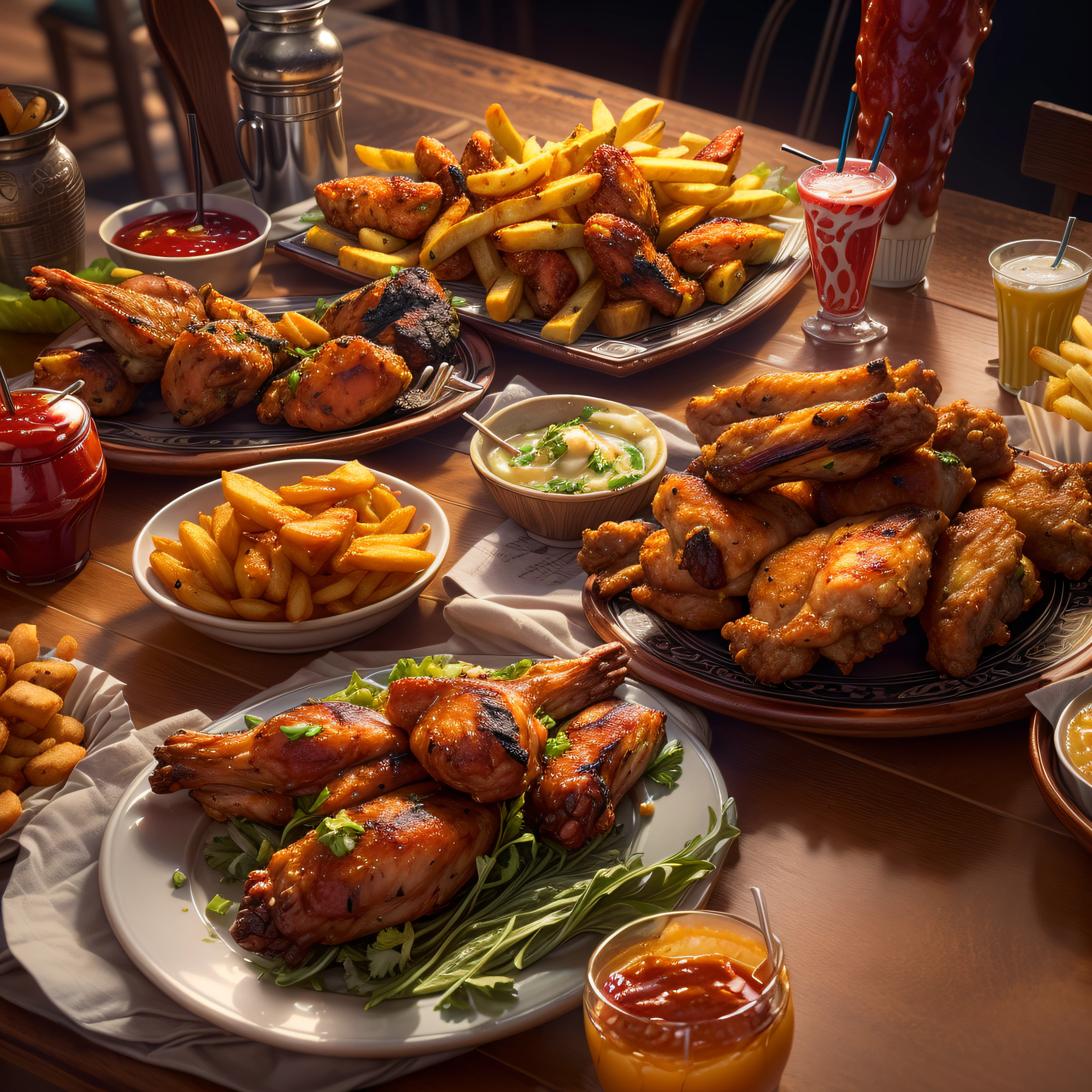 (Full Focus:1.5), (Placed on the dining table, Orleans grilled chicken wings|hamburger|lewd juice|french fries|Fried chicken nuggets|fruit|Fried chicken wings|shellfish|Fry the steak:1.2), ray tracing, cinematic lighting, chiaroscuro, masterpiece, super detail, high details, high quality, best quality, highres