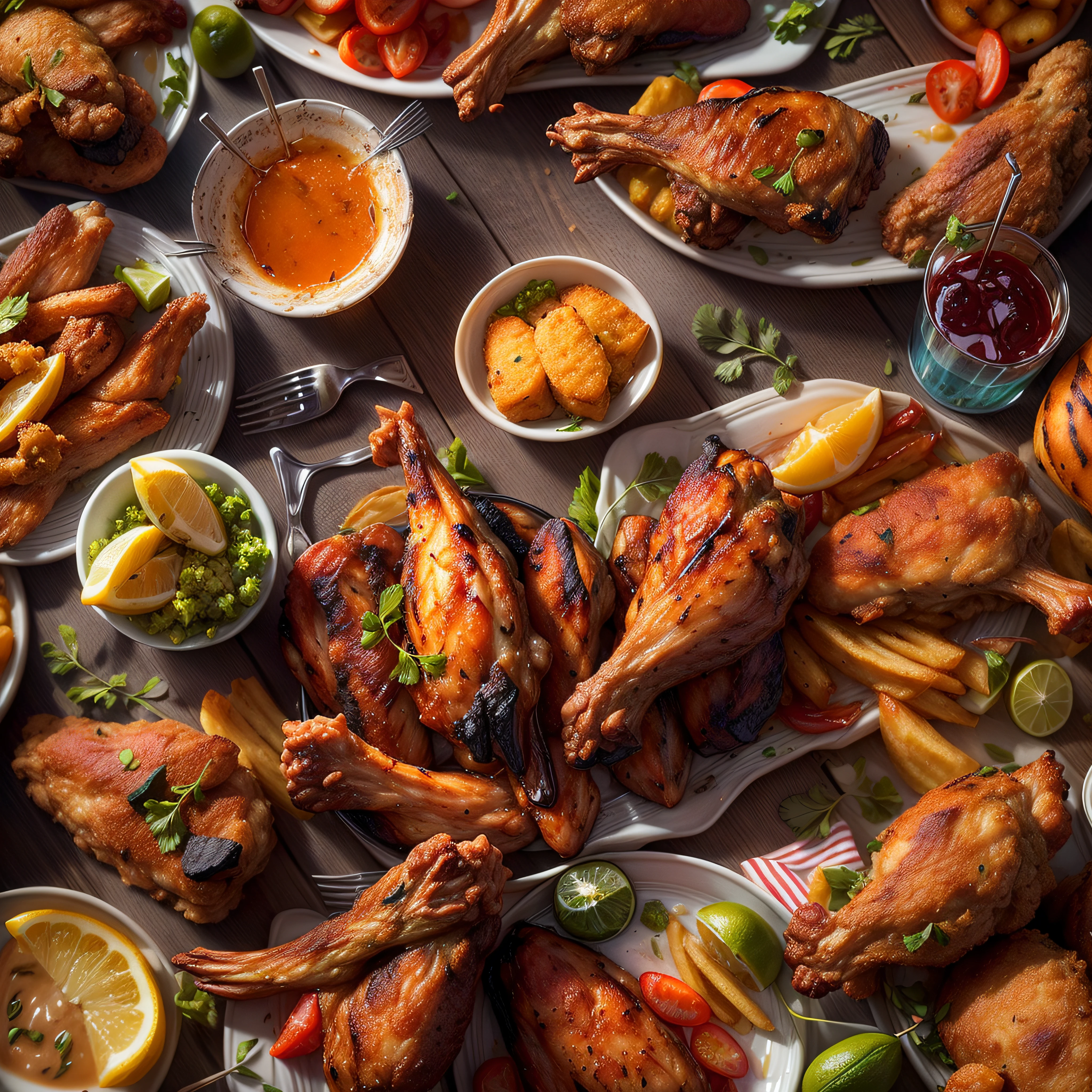 (Full Focus:1.5), (Placed on the dining table, Orleans grilled chicken wings|hamburger|lewd juice|french fries|Fried chicken nuggets|fruit|Fried chicken wings|shellfish|Fry the steak:1.2), ray tracing, cinematic lighting, chiaroscuro, masterpiece, super detail, high details, high quality, best quality, highres