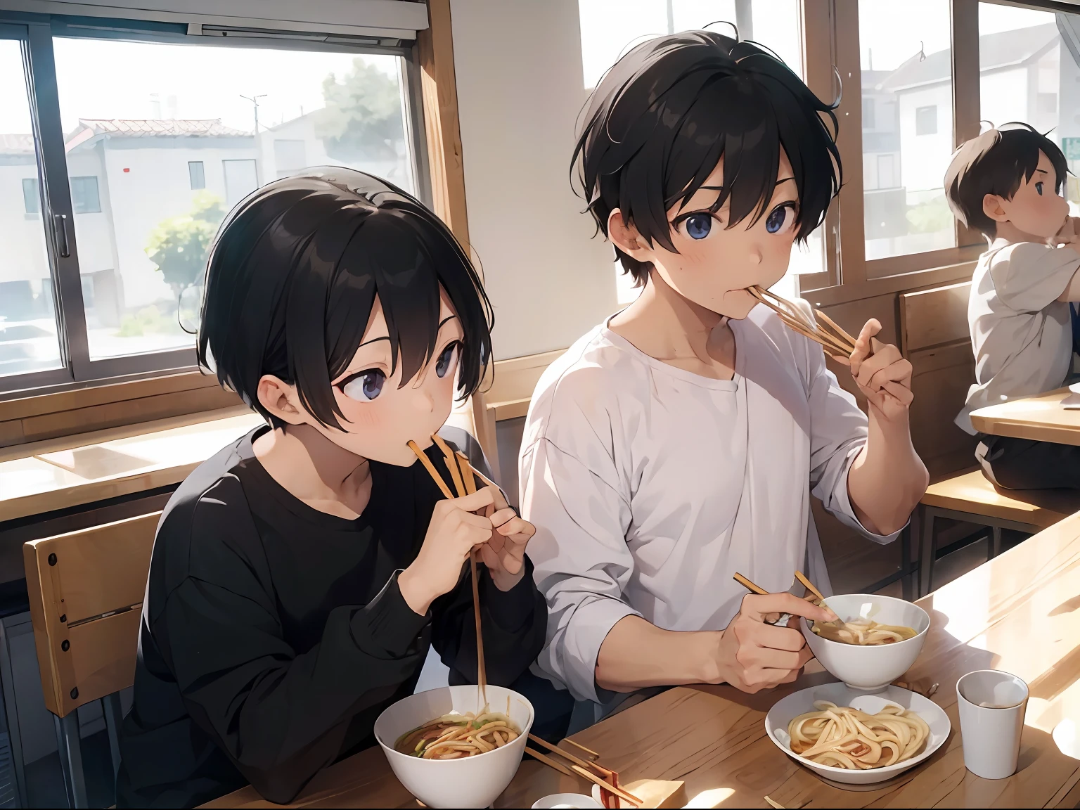 2Boy eating udon noodles using chopsticks,gay male