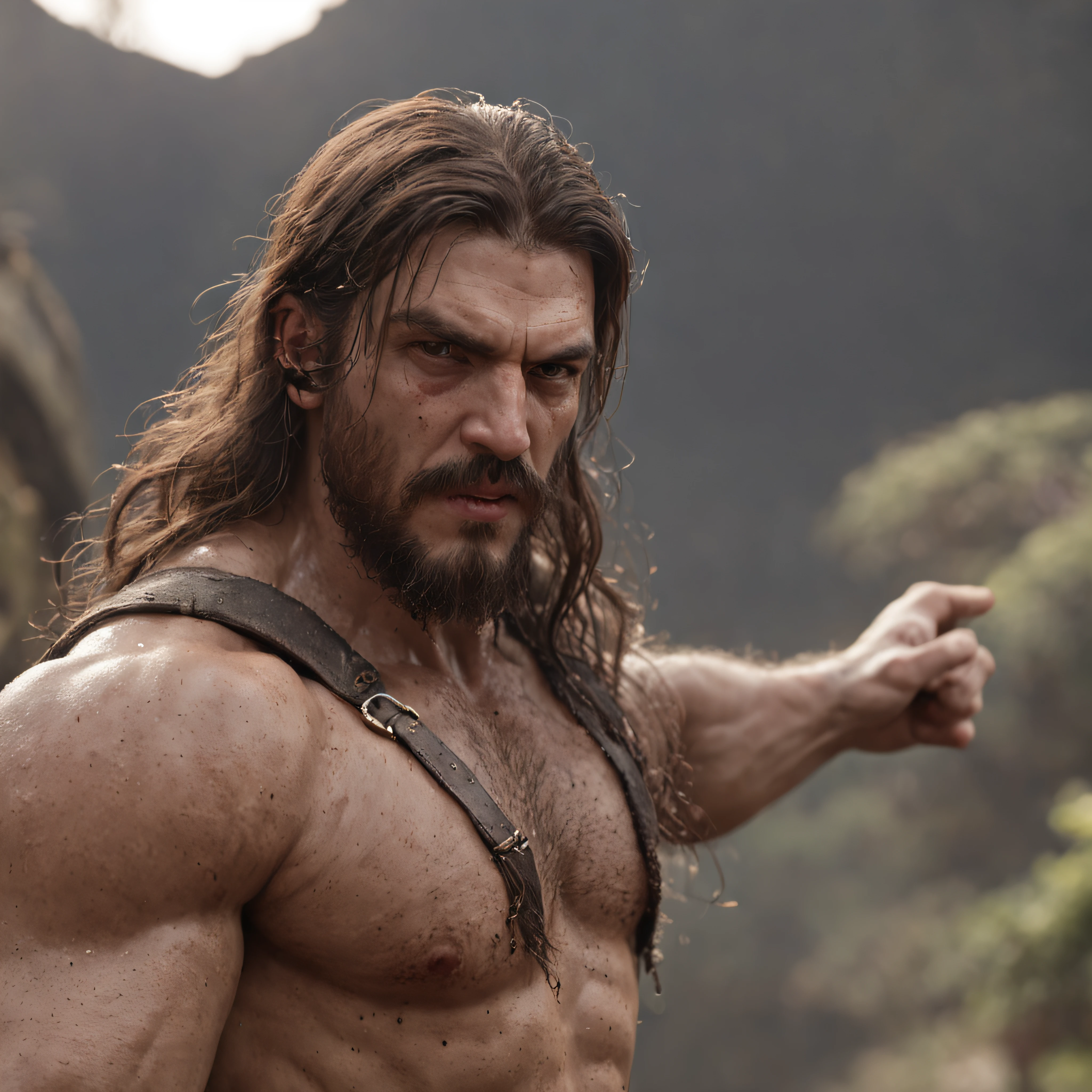 (Professional 3D rendering:1.3) de (Realistic:1.3) Foto de arte mais bonita do mundo,Features soft, bright male heroes, ((Epic hero muscular fantasy rough man angry wet hero looking long hair short beard and fierce expression in dynamic pose, fantastic location, majestoso ambiente desordenado)), Full-body 8k unified rendering, action shot, poros da pele, very dark lighting, sombreamento pesado, circunstanciado, Rosto detalhado, (vibrante, fotogrdeia realista, Realistic, Dramatic, Escuro, foco nítido, 8k), (Old leather clothes damaged by bad weather:1.4), ((((Use peles)))), (intrincado:1.4), decadente, (altamente detalhado:1.4), pintura digital, rendering by octane, art stations, Conceito-Arte, liso, foco nítido, illustration, germe da arte, (Loish:0.23), Wlop Ilya Kuvshinov, e Greg Rutkowski e Alphonse Mucha Gracias, (global ilumination, studiolight, Light Volumetric), chuva forte, floating particles, patife, fantasia, Onze, corpo inteiroesbian, ((Fundo escuro e antigo da cidade:1.3)),CGSesociedade,art stations