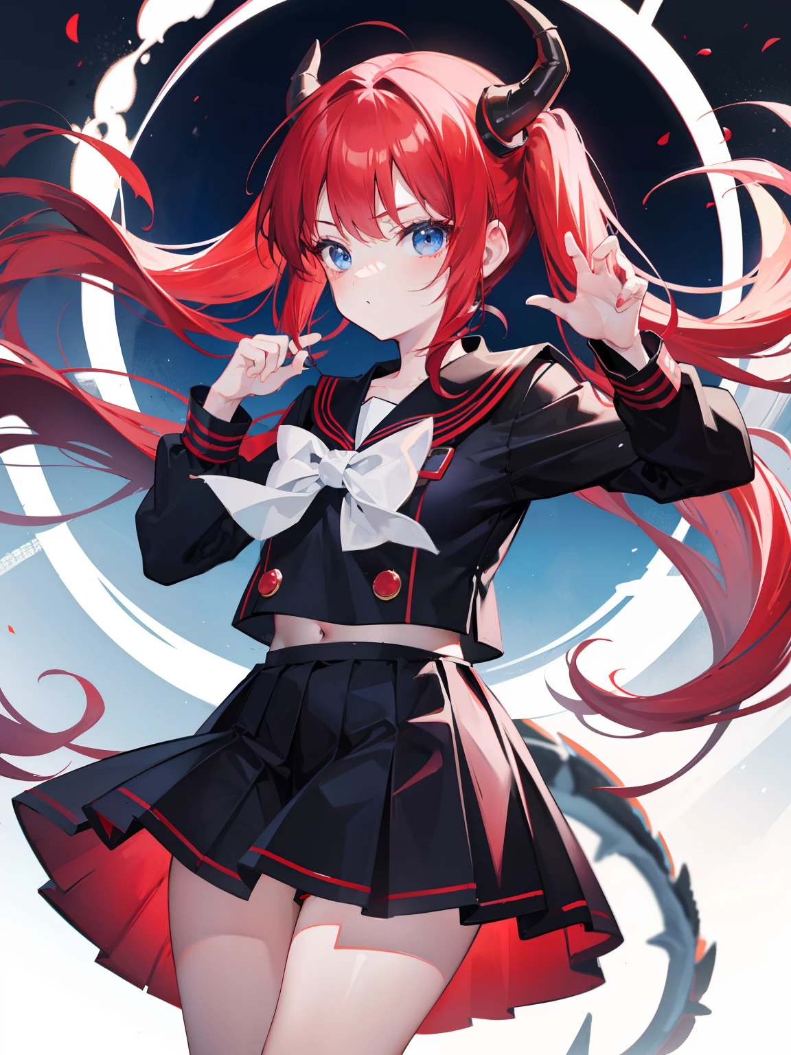 red hair, blue eyes, twintails, Sailor suit,black coat, Dragon horns,Pleated skirt,solo,li,cute,bow