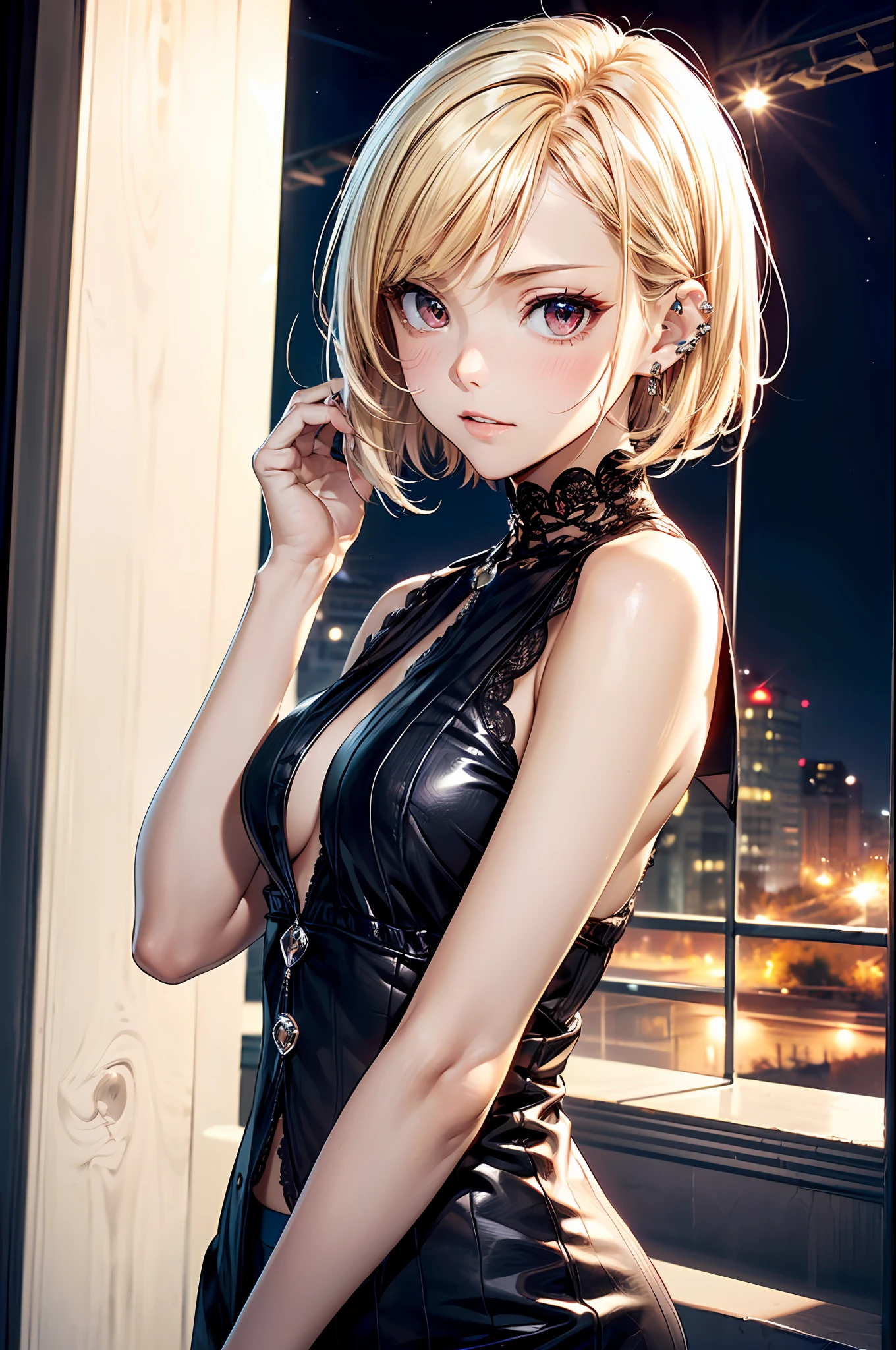 ((masutepiece: 1.4, Best Quality)), ((masutepiece, Best Quality,Delicate)), Very short blonde hair、Red Eyes,(1Man Youth:1.3), Delicate hair, real face, Suit,Call on your mobile, (income:1.3),piercings, Night background