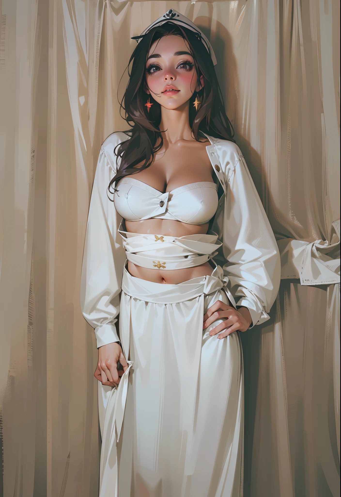 There's a beautiful, Mulher sexy de 30 anos (Peta Jensen pov), cabelos longos cinza (cabelos grisalhos), nurse enfermeira, jaleco branco averto, Blouse unbuttoned to the belly, jaleco completamente desabotoado, without the buttons, piercing na barriga, no-bra, does not wear a bra, belos seios enormes (Angela Big White)), Large melons, Mamalhuda, Oppai, Big huges molhados e macios, suada, corpo molhado, suor escorrendo pelos seios, close debaixo, Visualizado abaixo, Bottom view, olhar debaixo, olhar penetrante e sensual, nariz esnobado, boca entreaberta, carnudo, red lips, olhos azuis, pele clara, sardas, sardas no rosto, sardas no peito, lascivo, quadril largo, sem saia, not wearing a skirt, is without a skirt, quadril largo, sentada em uma cama de hospital, pernas abertas, pernas abertas sem calcinha, Not wearing panties, Visible , aparente, cancer, Depilado, untidy sheets, quarto rico em detalhes, cinematic natural light, luz lateral, great contrast, Sombras, filtro, profundidade, anatomia feminina perfeita, 4k