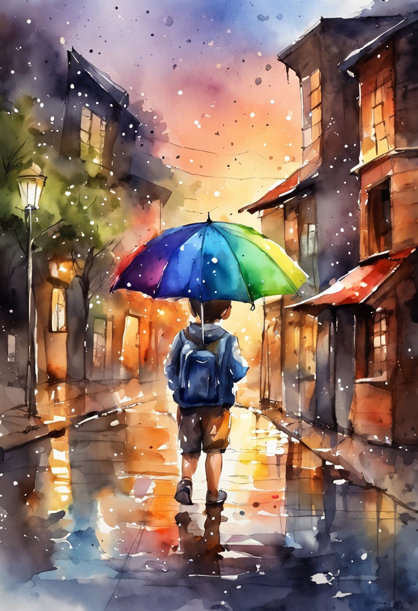 （The little boy squatted on the ground with a transparent umbrella，Rainbow-colored raindrops on umbrellas，Behind is a whole starry sky），（Simple sketch style）
