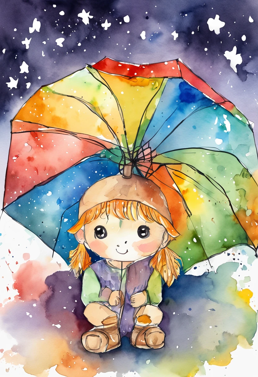 （The  boy squatted on the ground with a transparent umbrella，Rainbow-colored raindrops on umbrellas，Behind is a whole starry sky），（Simple sketch style）