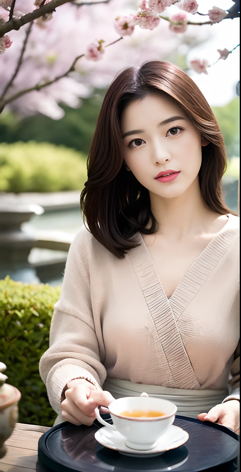 Photo of woman with beautiful classical posture and traditional china style。(1人の女性), In a cloudy sky photographed on a traditional tea set in Japan、Soft light and Japanese-style garden、Gracefully posing as cherry blossom petals flutter。