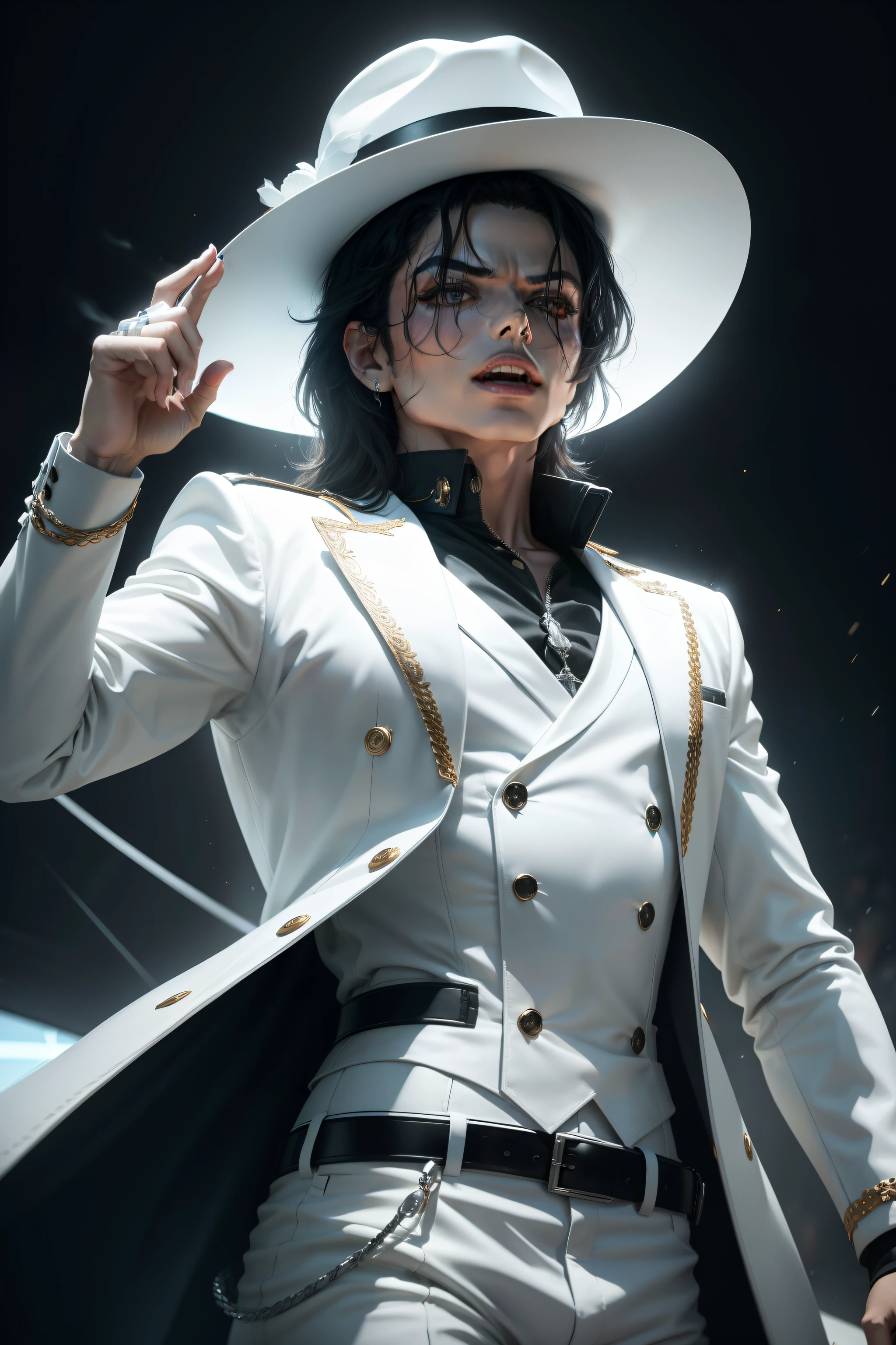 em 8k, alta resolução, Michael Jackson, robotizado, cantando, with white hat, terno branco, ultra qualidade