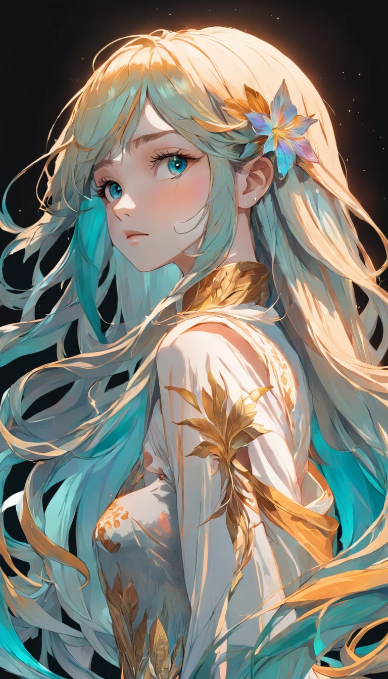(beauty side face,long colored hair,closing eye,Masterpiece Narcissus),Iridescent background, (Illustration:1.2,paper art:1.2, Zentangle, 3d rendered),(Best Quality, high detal, masutepiece, Cinematic lighting, 4K, Chiaroscuro)