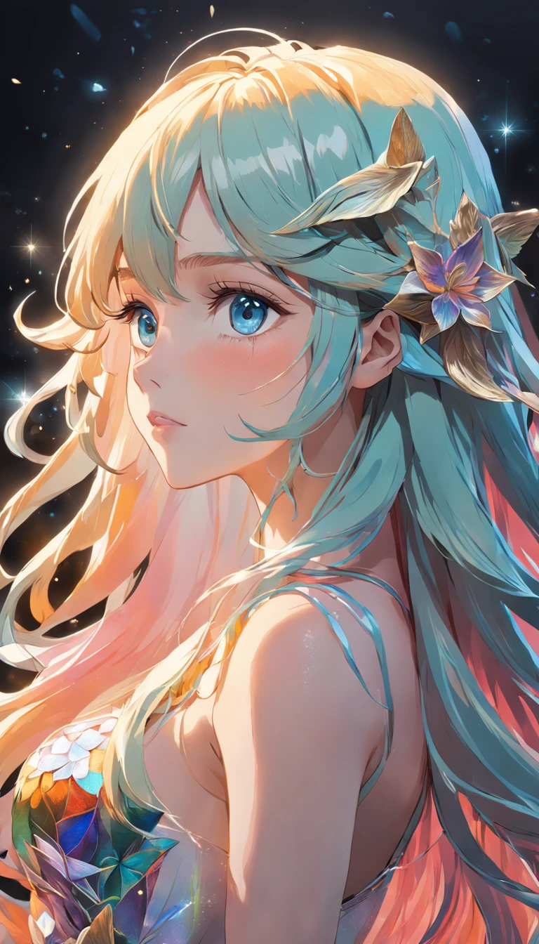 (beauty side face,long colored hair,closing eye,Masterpiece Narcissus),Iridescent background, (Illustration:1.2,paper art:1.2, Zentangle, 3d rendered),(Best Quality, high detal, masutepiece, Cinematic lighting, 4K, Chiaroscuro)