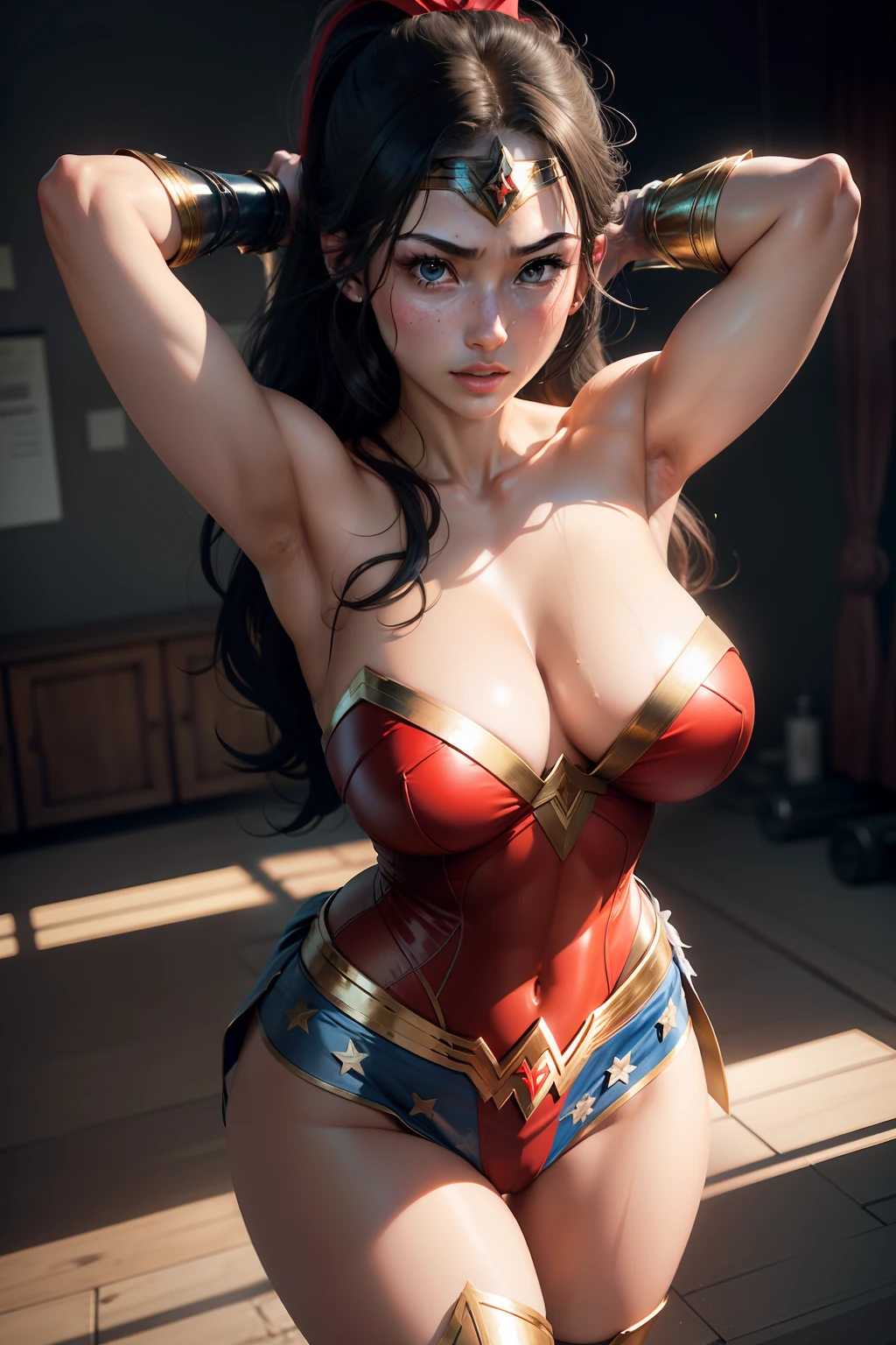 Skysky,Focus on the face,Beautiful face,Delicate, Youthful face,Wonder Woman cosplayer,(huge tit,huge tit,huge tit:1.3),thigh gap,Camel toes realistic style,Vivid pictures,tmasterpiece,(best qualtiy:1.2),Hyper-detailing,realisticlying,k hd,high qulity,cinematric light,Ray traching,超高分辨率,hyper HD,(realisticlying:1.5),Complicated details,Detailed textures,finely detailled,High quality shadows,white legwear,High ponytail,Be red in the face,Raise both arms,Sweating of the armpits,