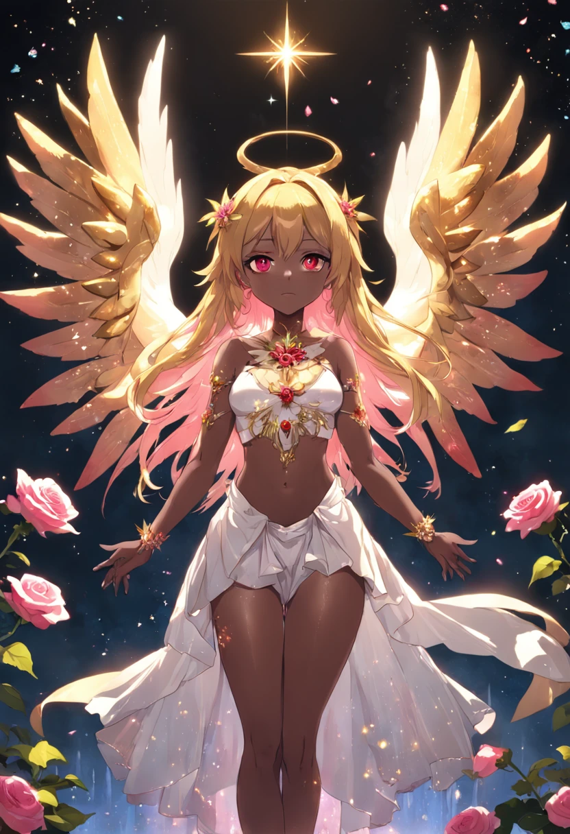 dark-skinned, mature_female, YorForger, jewelry, looking at the viewer, hollow, abyss, church, catholic, angel,fairy,universe, glitter, holo, mary, glint, gradient, overlay, shadow, grand, flowers, sparkle flowers, golden hair, (wings), full body, midriff, shirt, red eyes,  hips, navel, sidelocks, golden heels, fog, pink rose, red rose, rosemary, parrot, green wings, water, hair, horns, lips out, galaxy eyes, flowers, garden