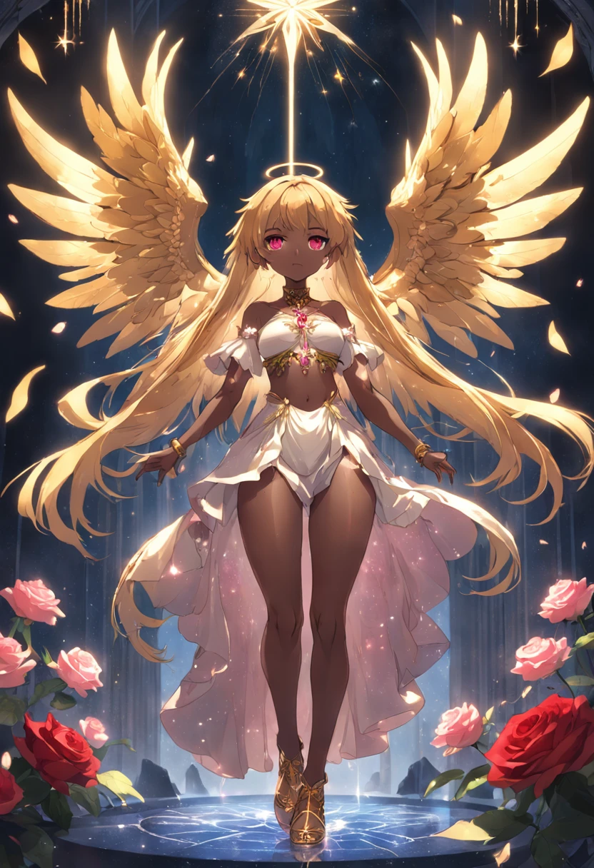 dark-skinned, mature_female, YorForger, jewelry, looking at the viewer, hollow, abyss, church, catholic, angel,fairy,universe, glitter, holo, mary, glint, gradient, overlay, shadow, grand, flowers, sparkle flowers, golden hair, (wings), full body, midriff, shirt, red eyes, hips, navel, sidelocks, golden heels, fog, pink rose, red rose, rosemary, parrot, green wings, water, hair, horns, lips out, galaxy eyes, flowers, garden