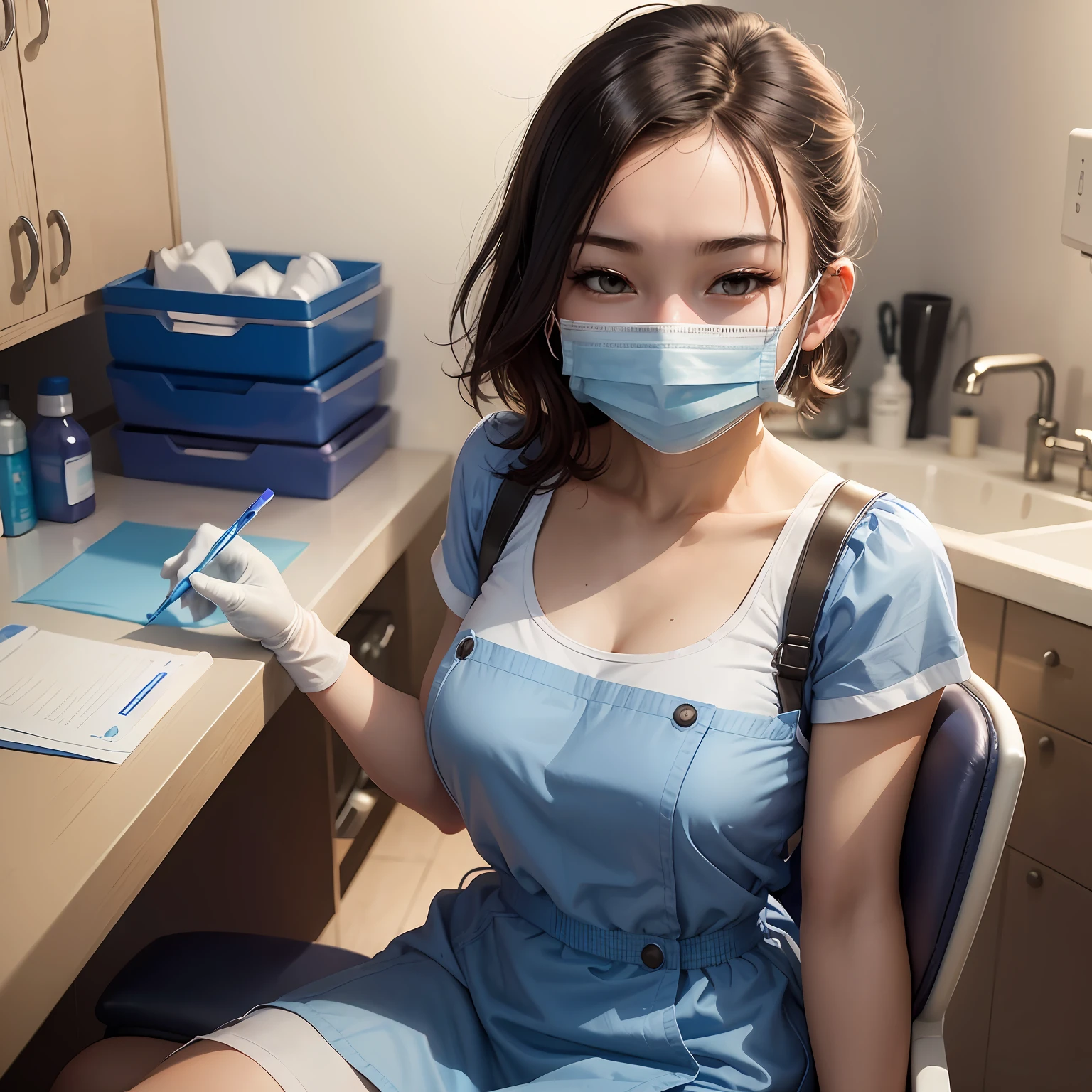 Thai Women、20yr old、Cool gaze、Human skin feel、Realistic Woman、Paper Apron、Dental Hygienist、dentistry、dentist、Solo Shot、short-cut、surgical mask、masks、gloves、rubber glove、