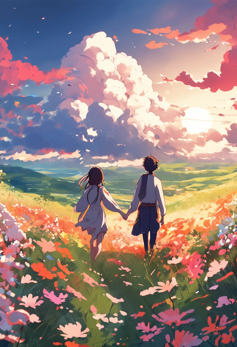 Anime - Style painting of two people in a flower field,anime beautiful peace scene,beautiful anime scenes,colorful anime movie background,,Anime Cloud,beautiful anime scenery,anime backgrounds,Anime background art,beautifull puffy clouds。anime big breast, Anime Sky, Anime landscapes, Makoto Shinkai Cyril Rolando, anime landscape wallpapers, Anime landscapes