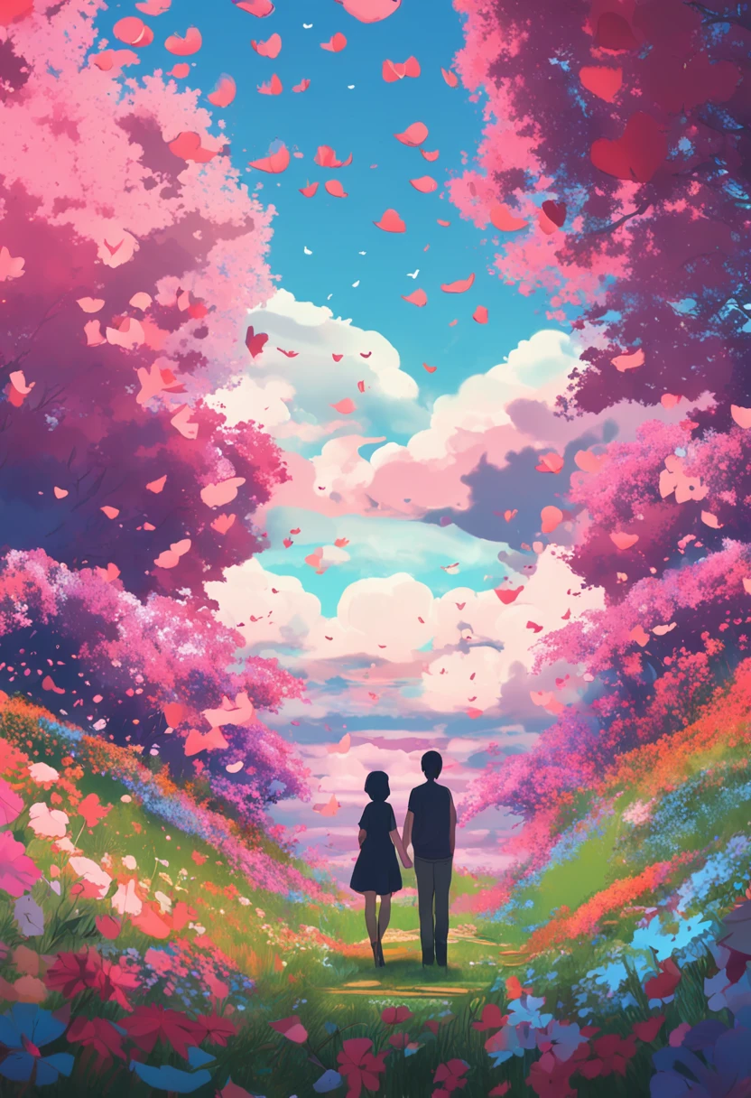 Anime - Style painting of two people in a flower field,anime beautiful peace scene,beautiful anime scenes,colorful anime movie background,,Anime Cloud,beautiful anime scenery,anime backgrounds,Anime background art,beautifull puffy clouds。anime big breast, Anime Sky, Anime landscapes, Makoto Shinkai Cyril Rolando, anime landscape wallpapers, Anime landscapes
