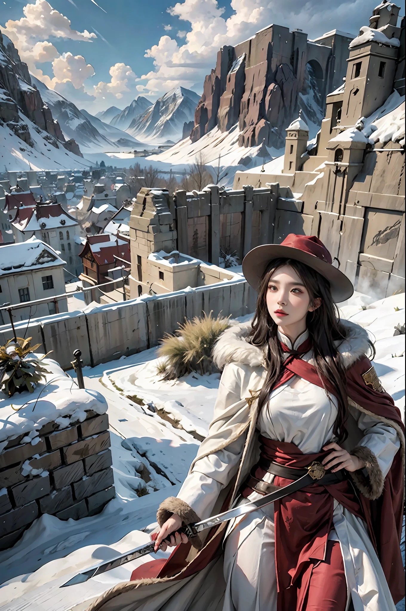 1girl dress like move The Flying Swords of Dragon Gate, Ancient Chinese fortresses background, hips up, city walls, cape, desert, snow, furry_coat, furry_cloak, snow, linen_clothes, bamboo_hat, masterpiece, best quality, 8k, photorealistic,