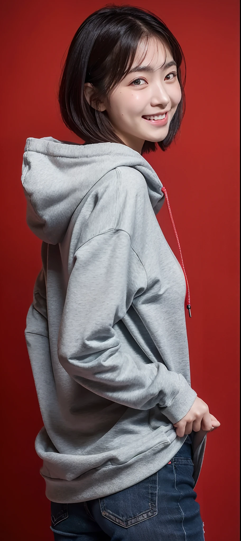 Top image quality, 8K, masutepiece, studio shoot, Japan Girl(sixteen years old), kawaii, posterior view, s ass, 二重まぶた, thick eyebrow, Teardrops, full body Esbian, frontage,  Light grey hoodie on jacket, large full breasts, T back, light_Smile, A dark-haired, bob cuts, Red background,