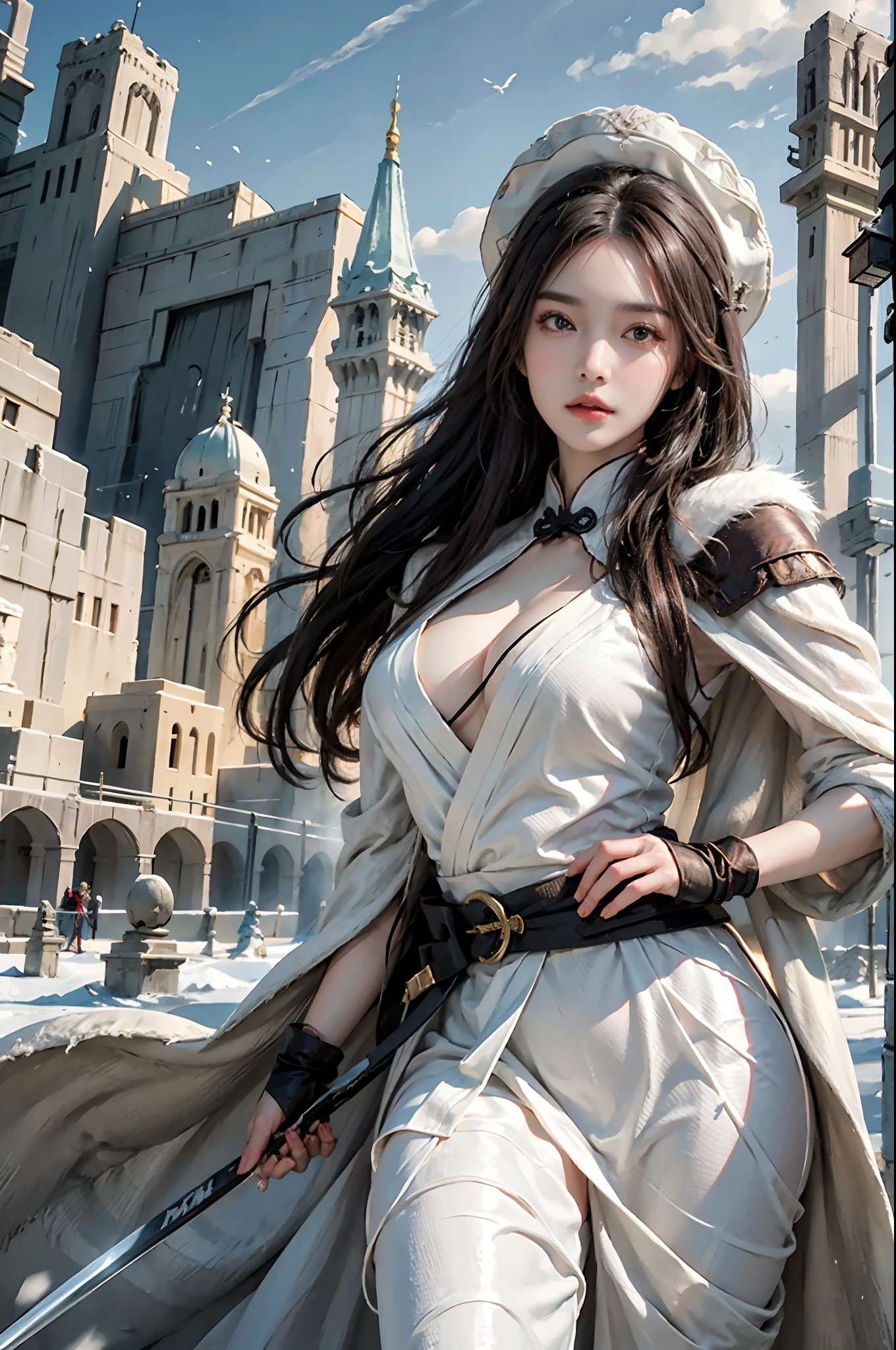 1girl dress like move The Flying Swords of Dragon Gate, Ancient Chinese fortresses background, hips up, city walls, cape, desert, snow, furry_coat, furry_cloak, snow, linen_clothes, bamboo_hat, masterpiece, best quality, 8k, photorealistic,