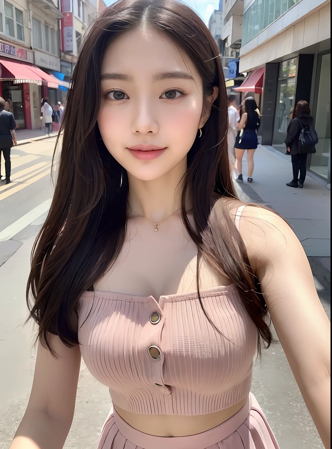 (hair, Ultra-high resolution, highest quality, masterpiece: 1.2), (Realistic, PhotoRealistic: 1.37), Super detailed, (Tokyo, Busy Street, sunny: 1.2), Professional Lighting, Photon Mapping, Radio City, Physically Based Rendering, masterpiece, Rich details, (Beautiful Face),(Fine Eyes), (Clear Face), (Detailed face description), (Detailed hand description), ( masterpiece), Realistic, Extreme light and shadow, Shiny skin,Shiny Hair, One Girl, 20-year-old, Japan, cute, (smile,Happy:1.3),(Gradient Brown Hair:1.2),Small Tall, thin: 1.2, double, Disheveled Hair, fine clavicle, clavicle, (Large Breasts:1.37),(Dynamic pose, Cowboy Shot: 1.3), (Knitted deep V-neck slip dress, Micro Mini, Side bust, Bare waist, Bare Armpits, Cleavage: 1.2), Face Focus