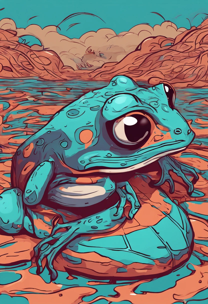 A frog with a sea-blue body. A sloppy body that looks like it was roughly made of clay. lips thick. Big eyes that look stupid. cuteness. For logo symbols.