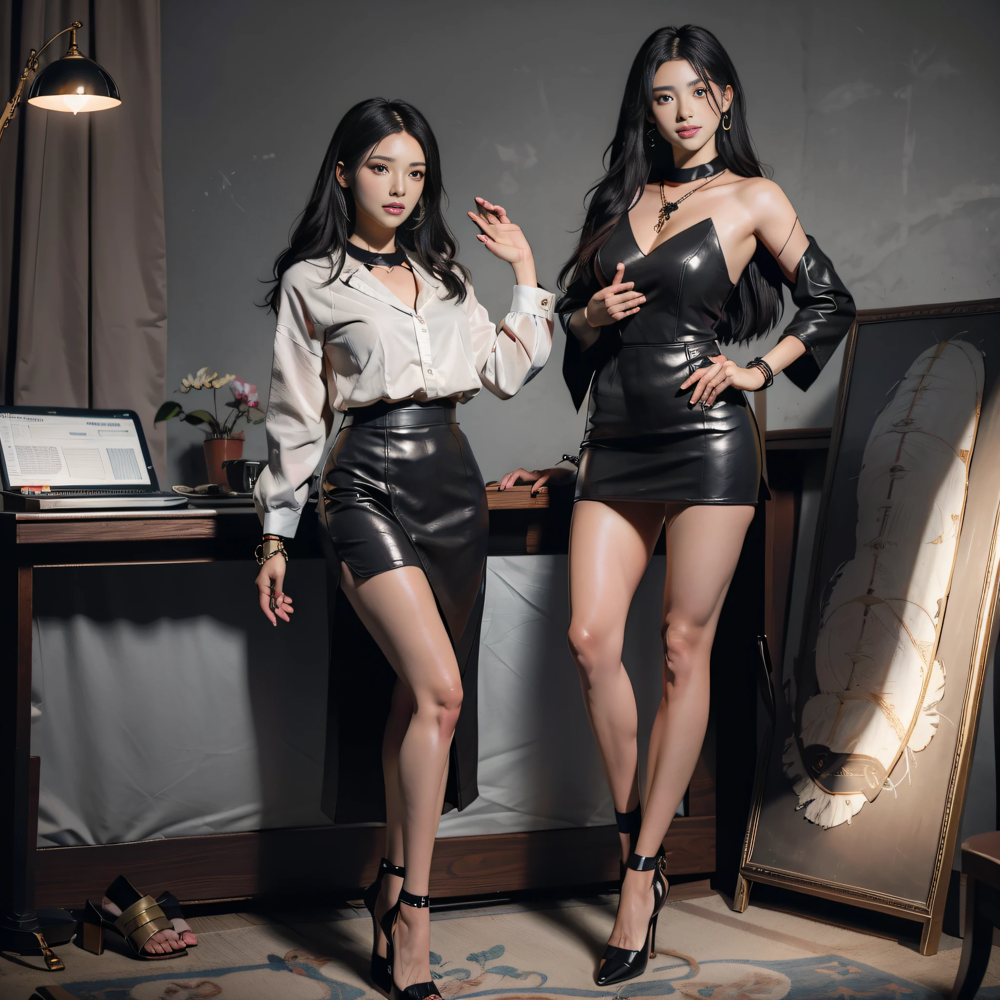 tmasterpiece,A high resolution,8K,CG animation,Correct human anatomy,1womanl,correct hand,Correct foot,Wear professional attire,Leather skirt,high-heels,Neck ring,foot ring,Bracelet,Sit in the studio,In the introduction of goods